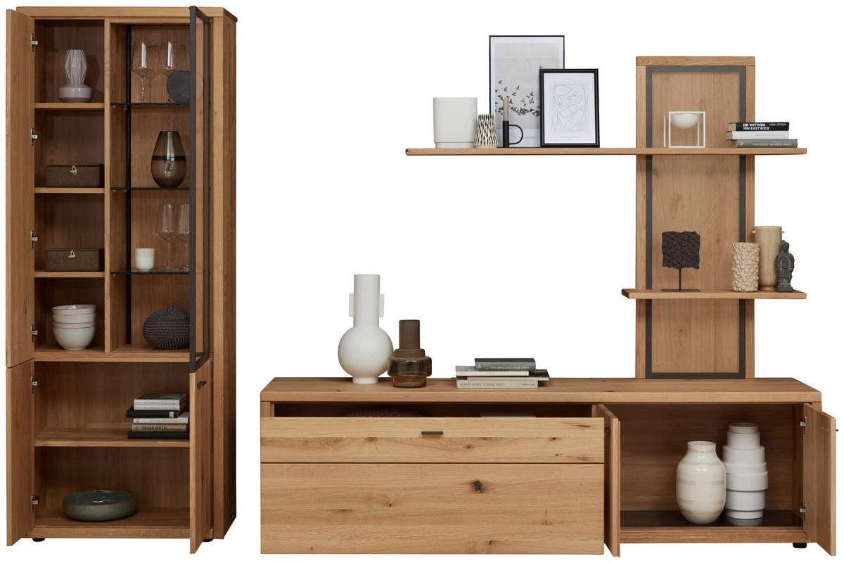 WOHNWAND  in Eichefarben 301/202/45 cm  - Dunkelgrau/Eichefarben, Design, Glas/Holz (301/202/45cm) - Valnatura