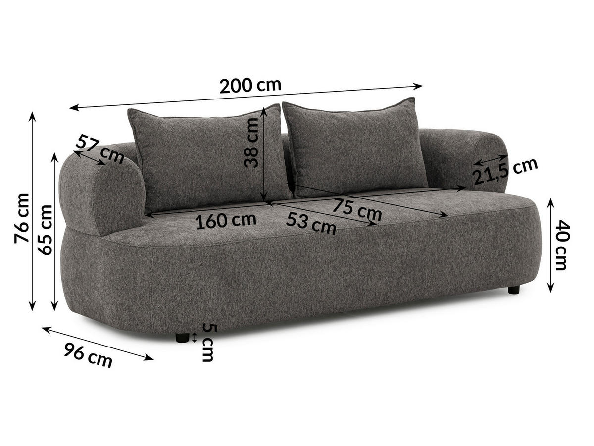 3-SITZER-SOFA Chenille Anthrazit  - Anthrazit/Schwarz, Design, Kunststoff/Textil (200/76/96cm) - Livetastic