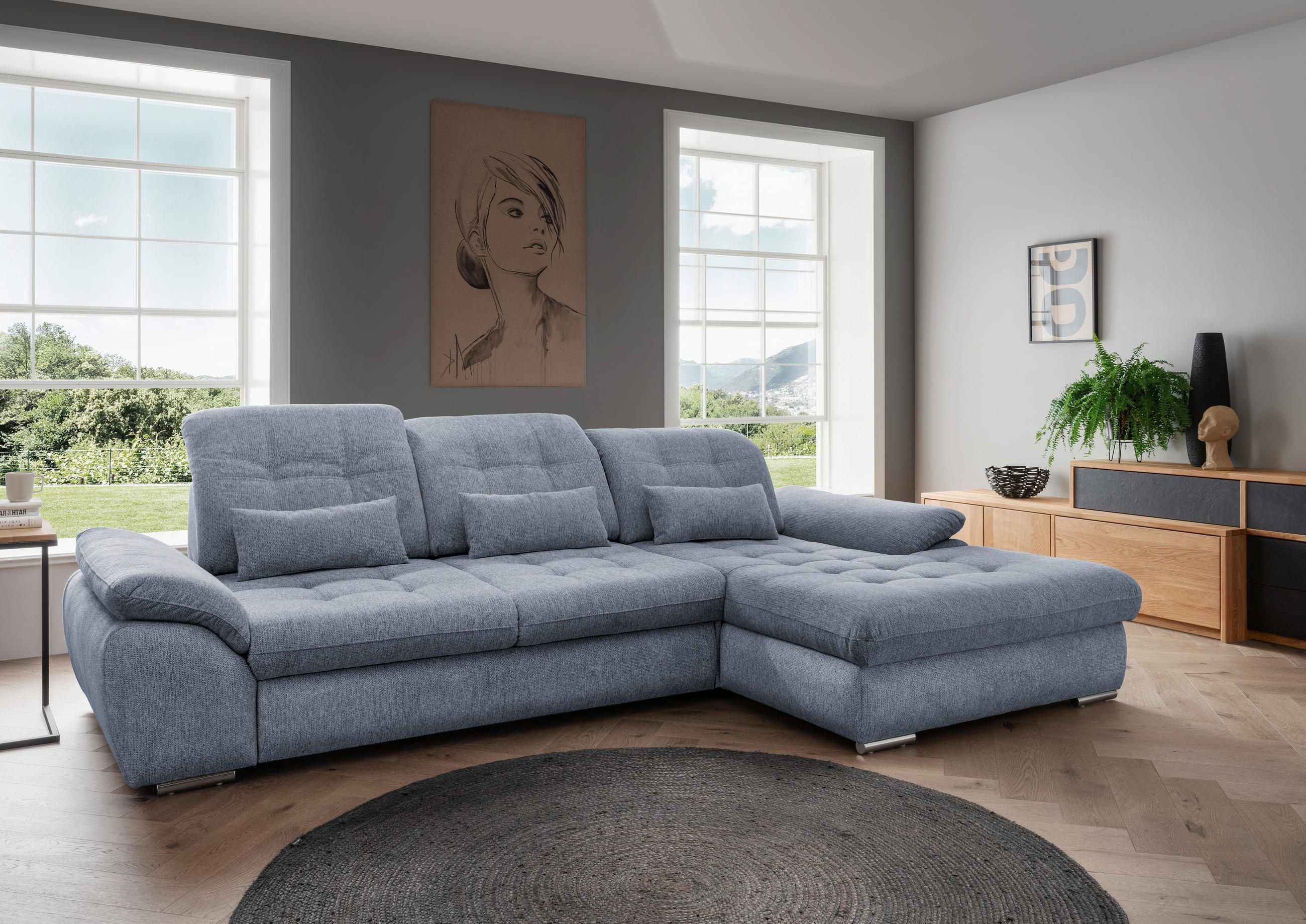 ECKSOFA in Chenille Hellblau  - Chromfarben/Anthrazit, Modern, Textil/Metall (314/184cm) - Livetastic