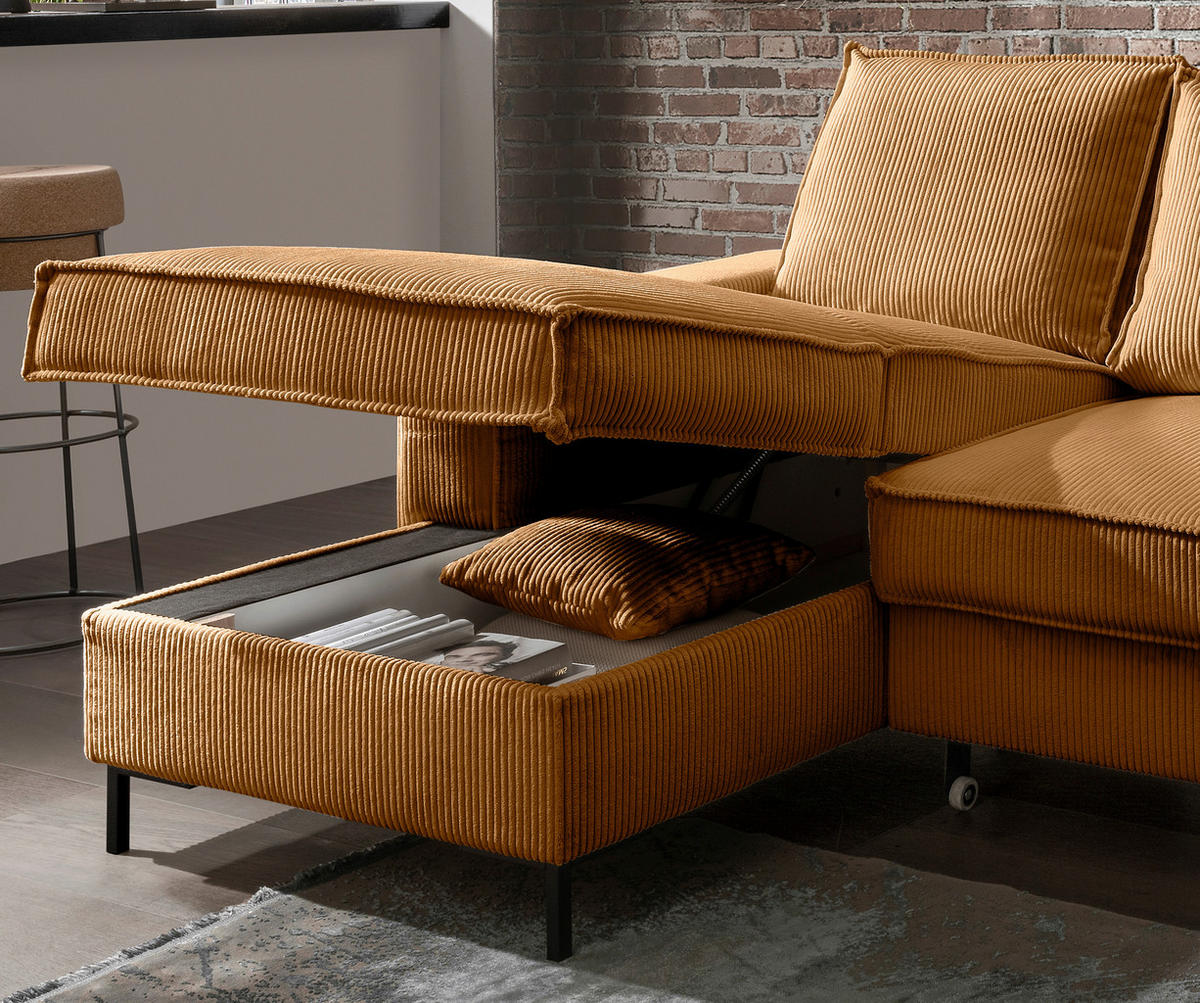 ECKSOFA Goldfarben Cord  - Goldfarben/Schwarz, MODERN, Textil/Metall (150/240cm) - Livetastic
