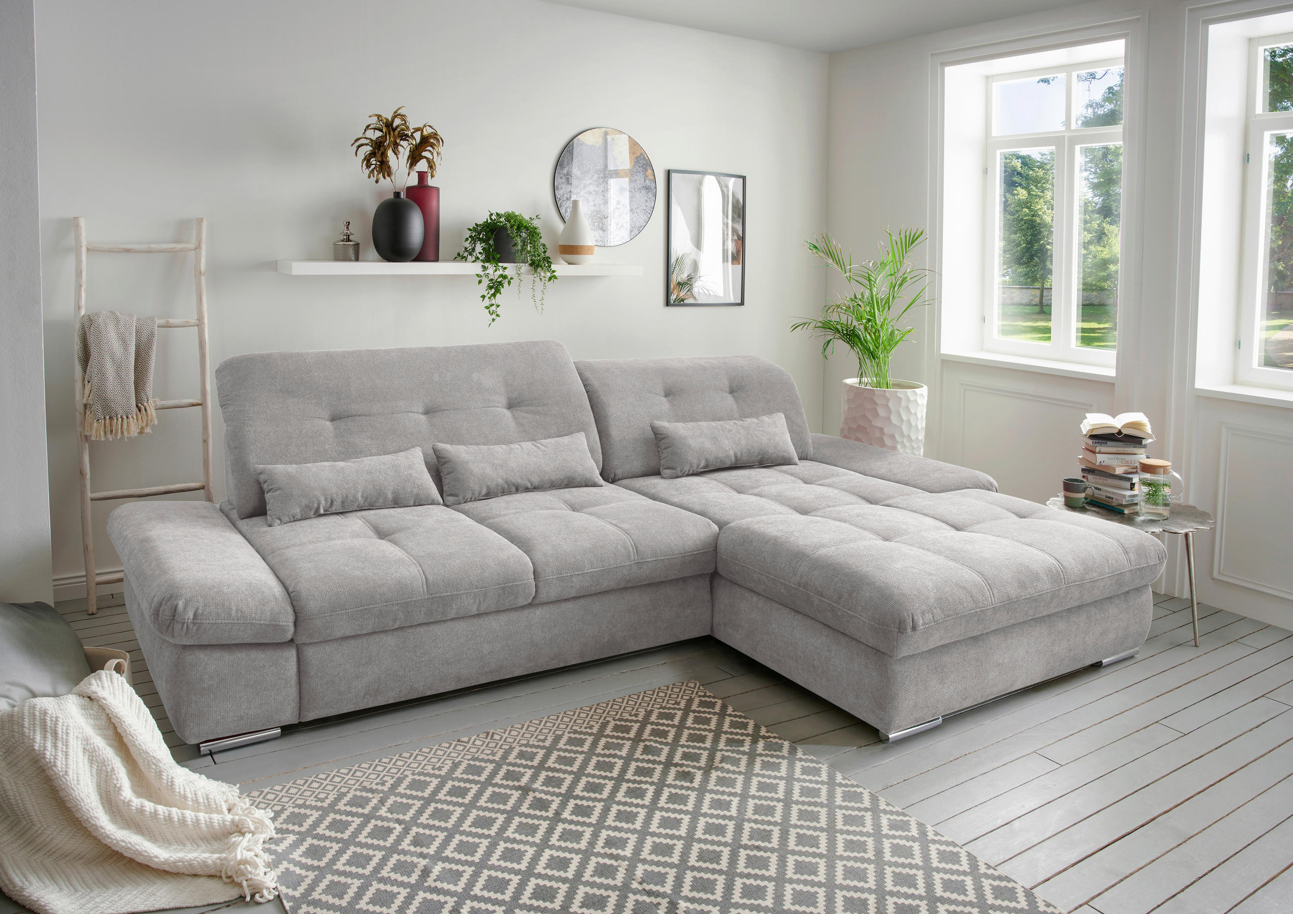 ECKSOFA in Chenille Grau  - Chromfarben/Grau, Modern, Textil/Metall (300/196cm) - Livetastic