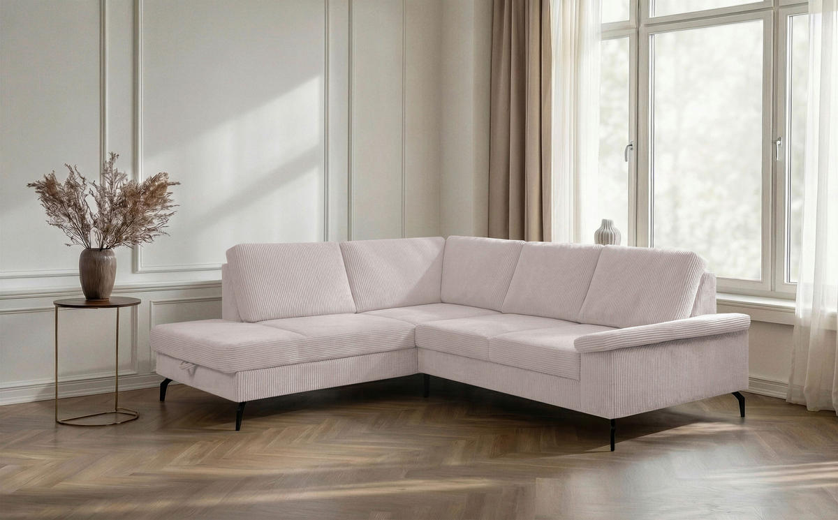 ECKSOFA inkl. Funktionen Creme Velours Bettkasten, Sitzvorzug  - Creme/Schwarz, KONVENTIONELL, Textil/Metall (206/253cm) - Venda