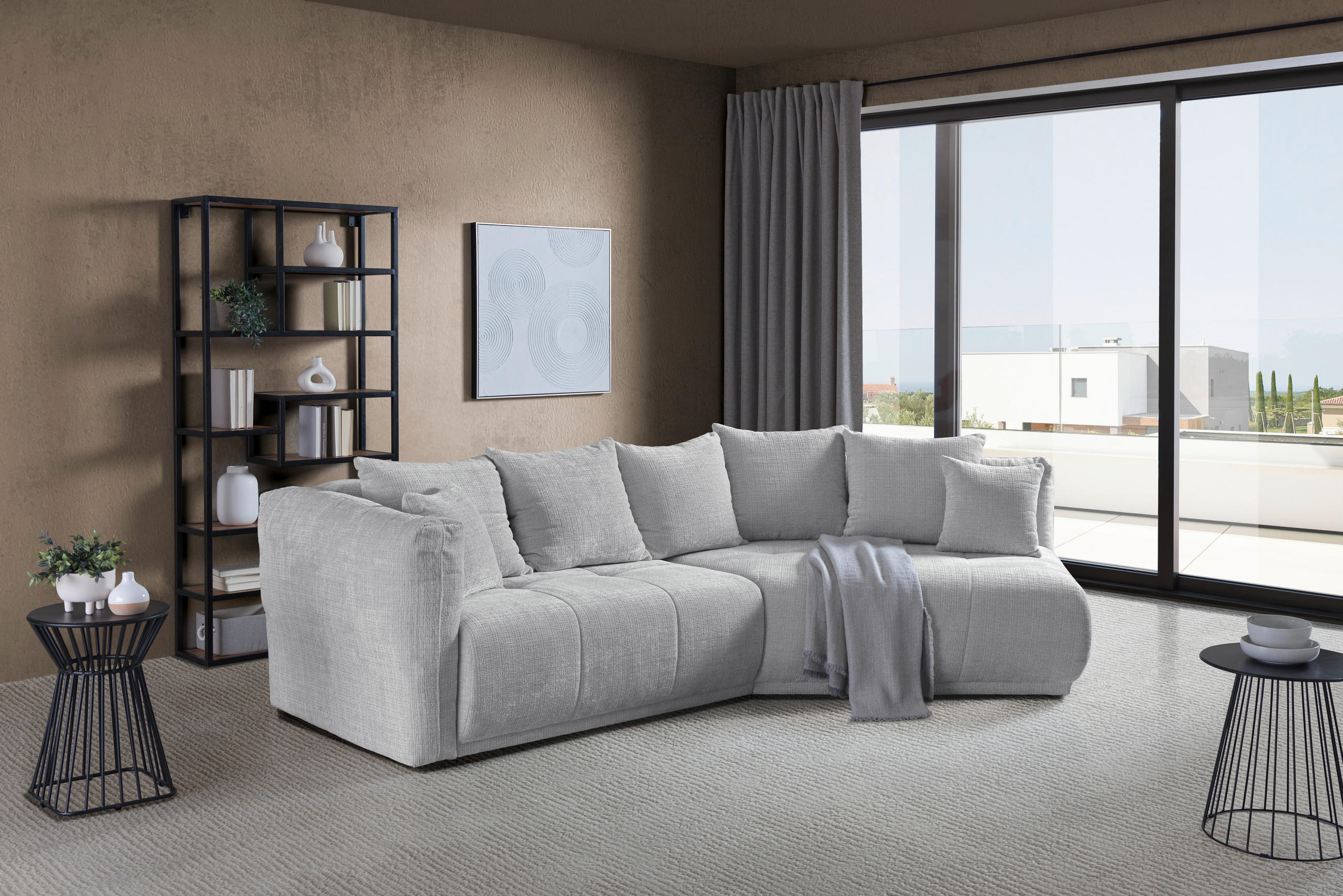 ECKSOFA in Chenille Hellgrau  - Hellgrau/Schwarz, Modern, Kunststoff/Textil (315/180cm) - Hom`in