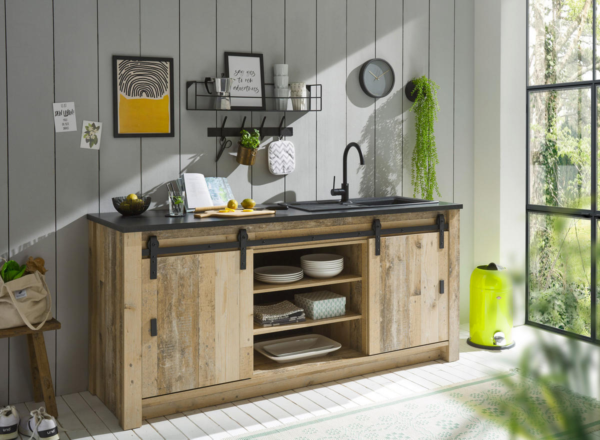 SPÜLENUNTERSCHRANK 201/93/64 cm  in Anthrazit, Naturfarben  - Anthrazit/Schwarz, Trend, Holzwerkstoff/Metall (201/93/64cm) - MID.YOU