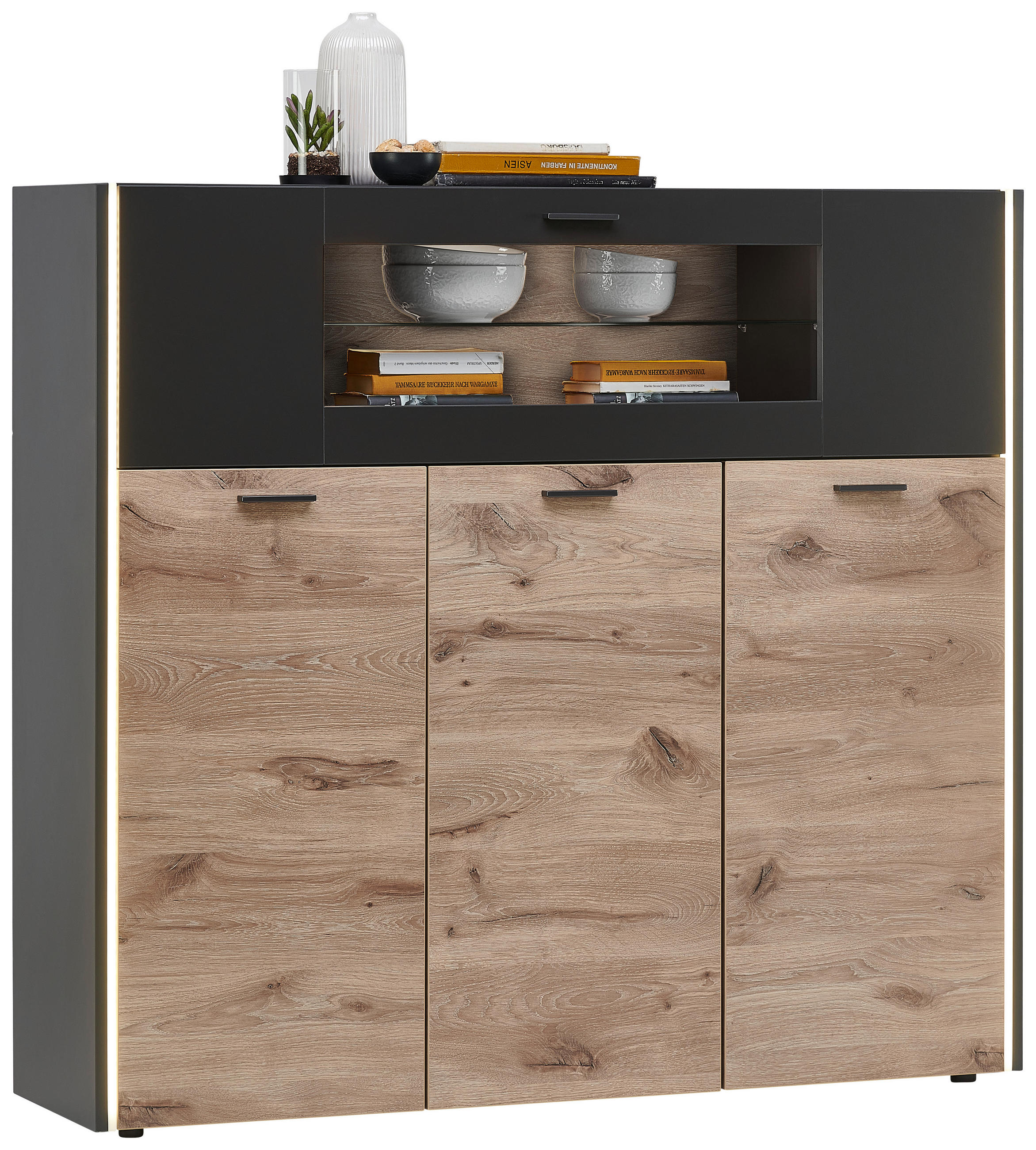 FÉLMAGAS SZEKRÉNY 141/126/37 cm  - fekete/tölgyfa, Modern, műanyag/faalapú anyag (141/126/37cm) - Hom`in