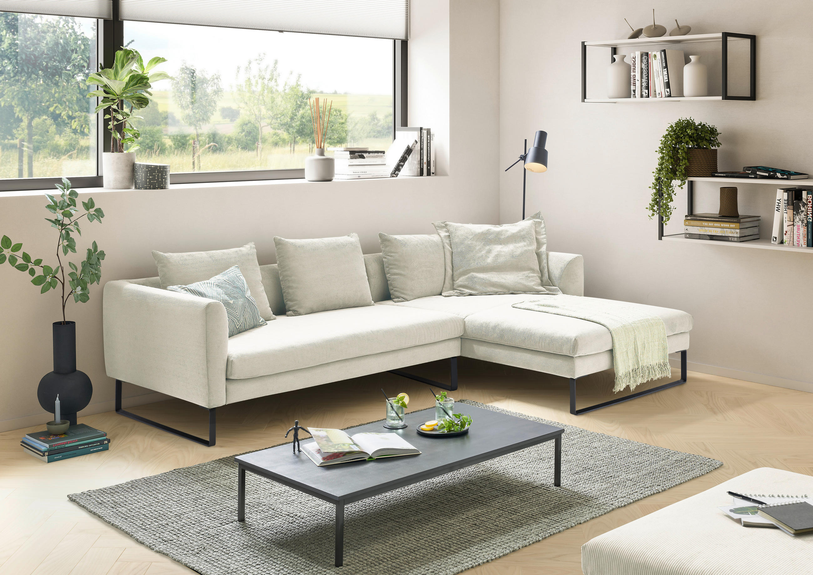 ECKSOFA in Cord Weiss  - Weiss/Schwarz, Konventionell, Textil/Metall (284/178cm) - Hom`in