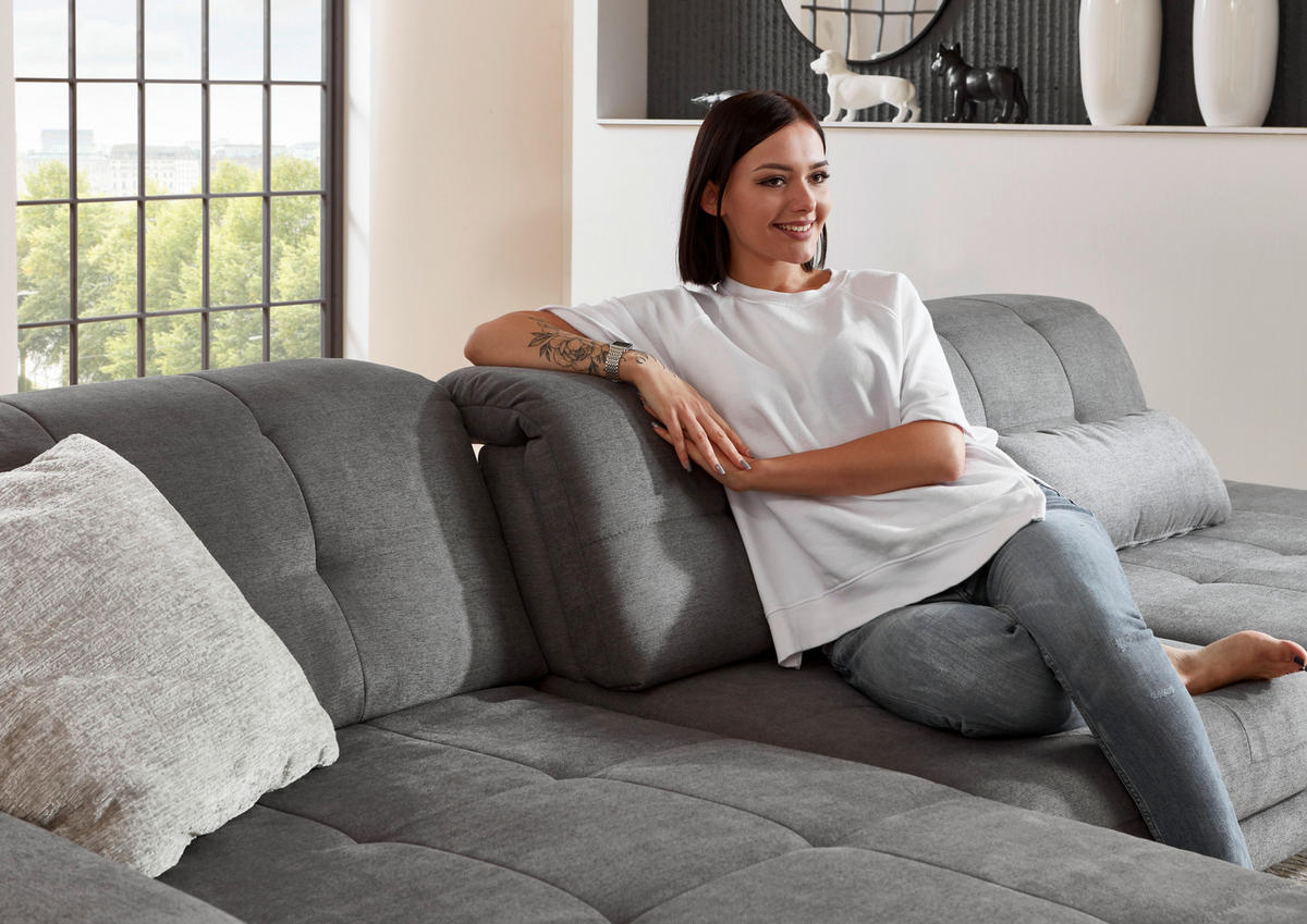ECKSOFA in Flachgewebe Grau  - Schwarz/Grau, Design, Textil/Metall (190/309cm) - Beldomo Style