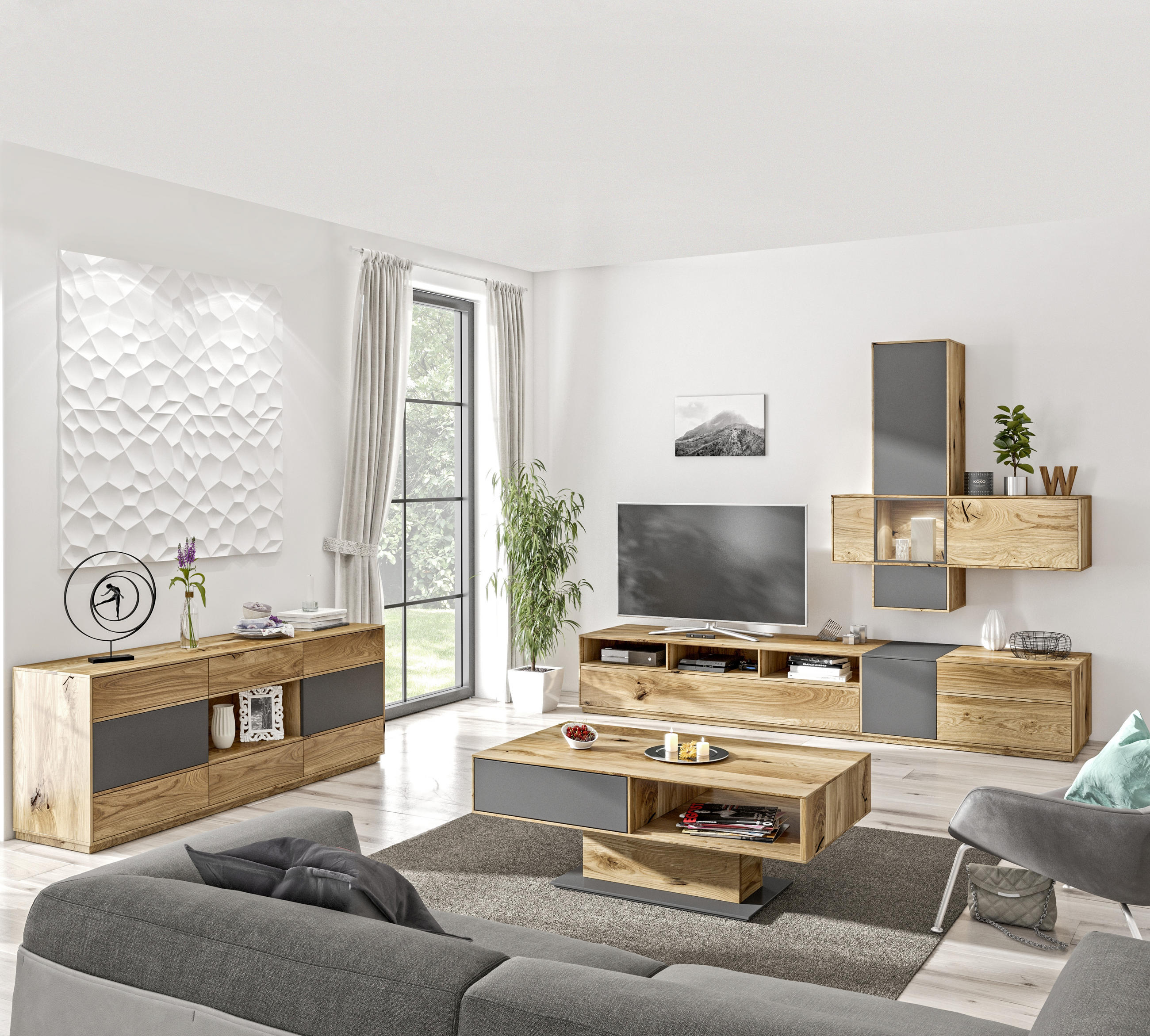 VITRINE Wildeiche massiv Anthrazit, Eichefarben Beleuchtung - Eichefarben/Anthrazit, Design, Glas/Holz (61/205/40cm) - Waldwelt