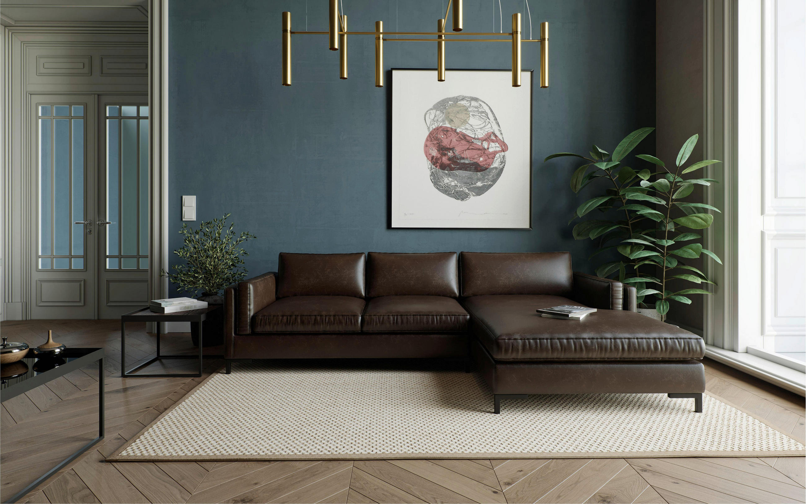 ECKSOFA Packo Kastanienfarben Lederlook, Flachgewebe  - Kastanienfarben/Schwarz, Design, Textil/Metall (265/160cm) - Livetastic