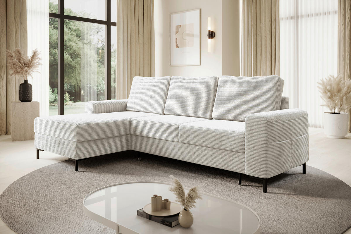 ECKSOFA Naturfarben Cord Rückenkissen, Bettkasten, Schlaffunktion, Rücken echt, Liegefläche im Originalstoff  - Schwarz/Naturfarben, KONVENTIONELL, Textil/Metall (150/240cm) - Carryhome