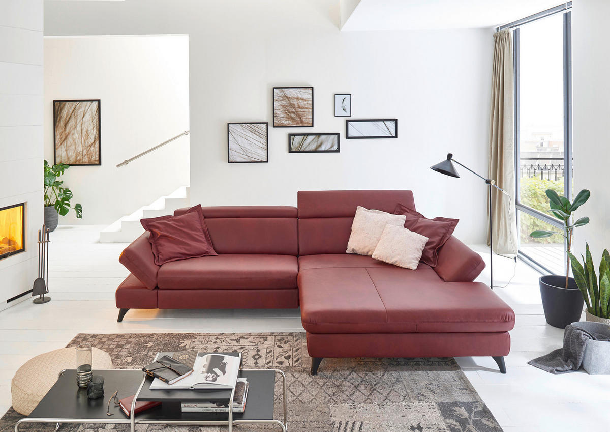 ECKSOFA Bordeaux Echtleder  - Bordeaux/Schwarz, Design, Leder/Metall (316/184cm) - Cantus