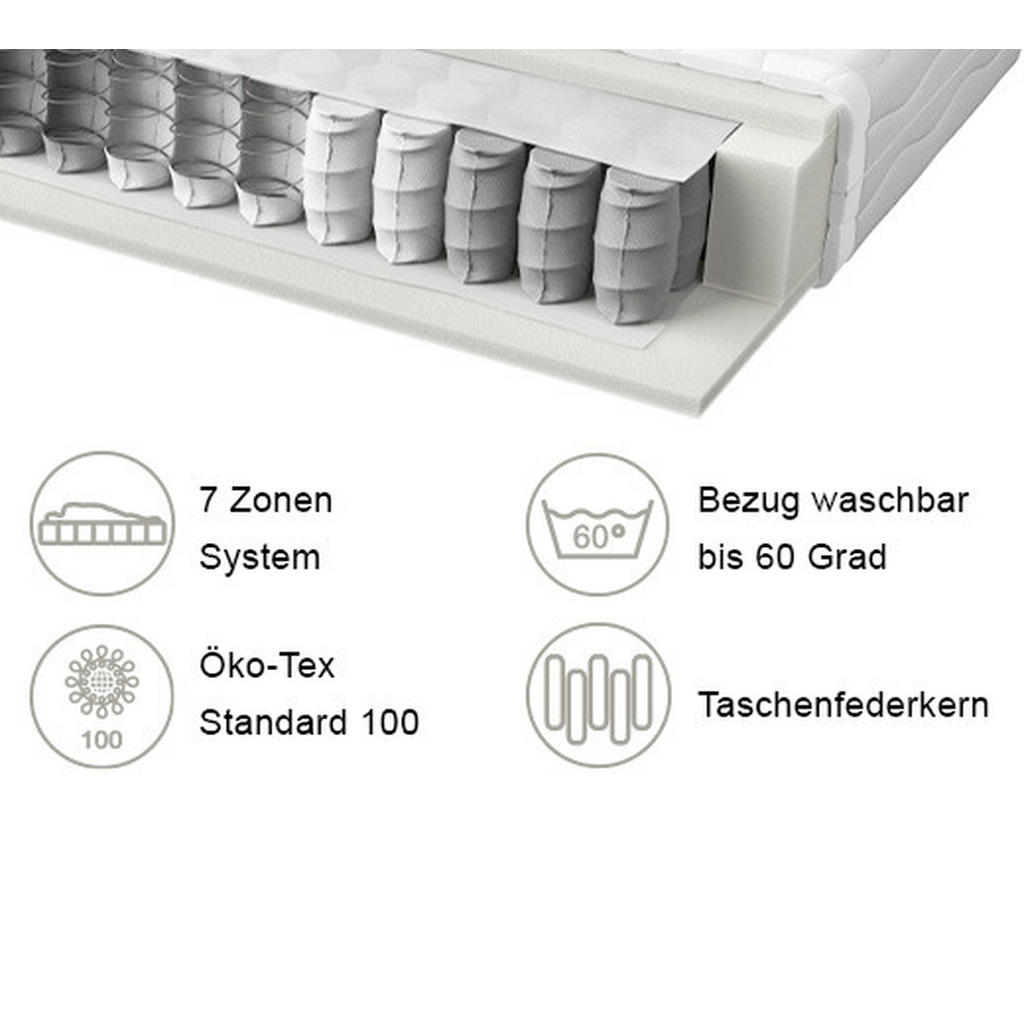 Thumbnail - Boxxx Taschenfederkernmatratze, Weiß, Textil, H2, rechteckig, 100x200 cm, Oeko-Tex® Standard 100, Bezug abnehmbar/waschb...