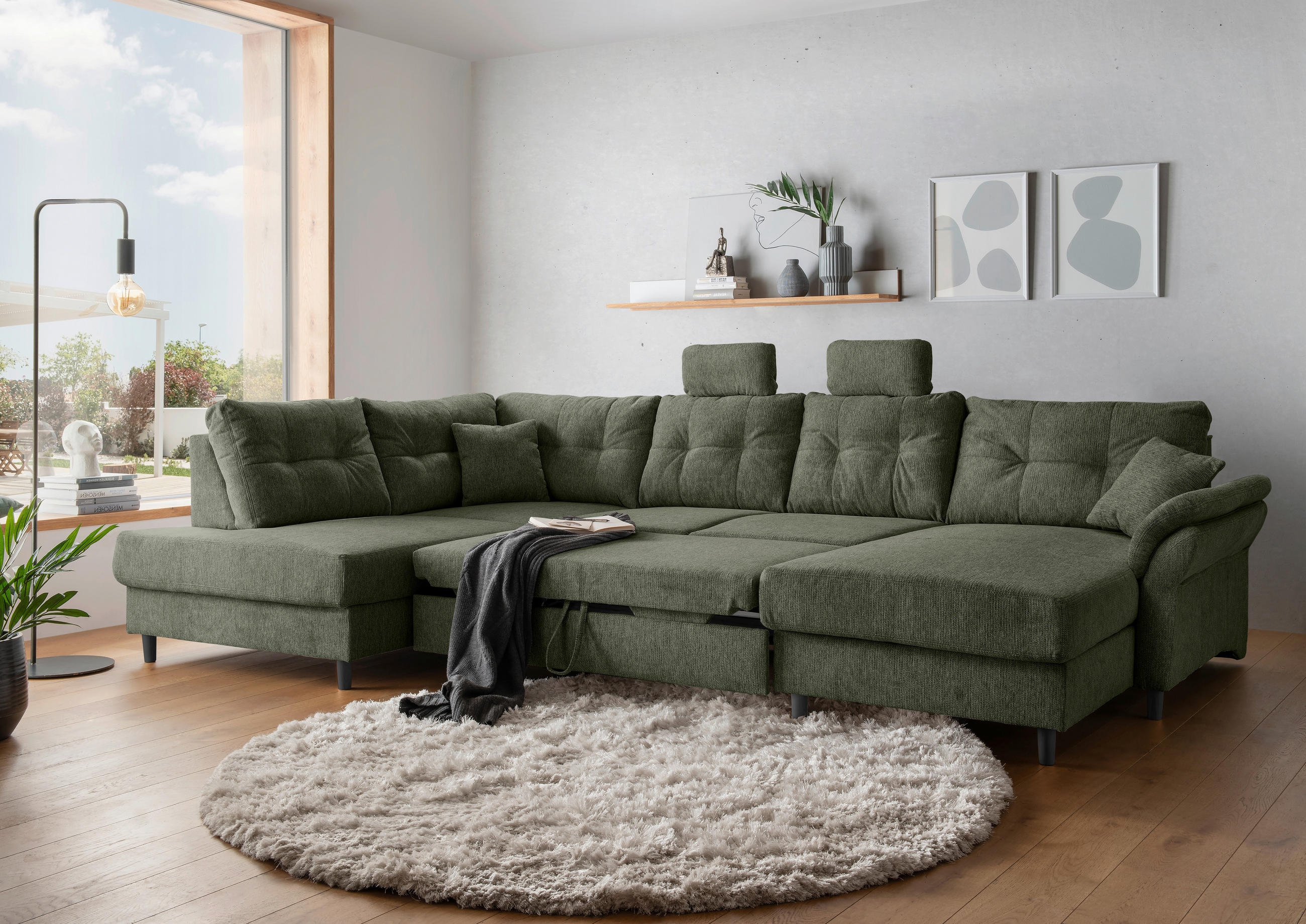 WOHNLANDSCHAFT in Chenille Dunkelgrün  - Dunkelgrün/Schwarz, Modern, Holz/Textil (206/338/176cm) - Livetastic