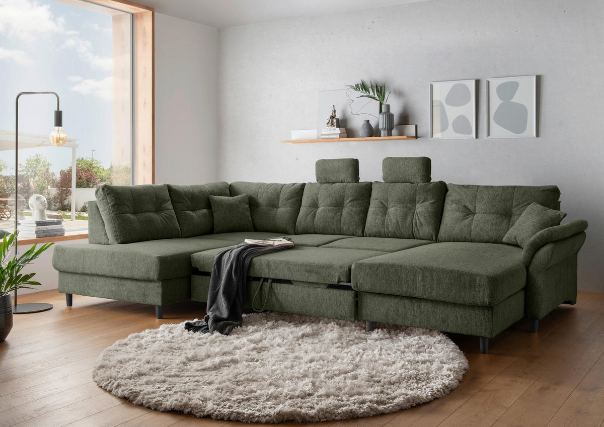 WOHNLANDSCHAFT in Chenille Dunkelgrün  - Dunkelgrün/Schwarz, Modern, Holz/Textil (206/338/176cm) - Livetastic