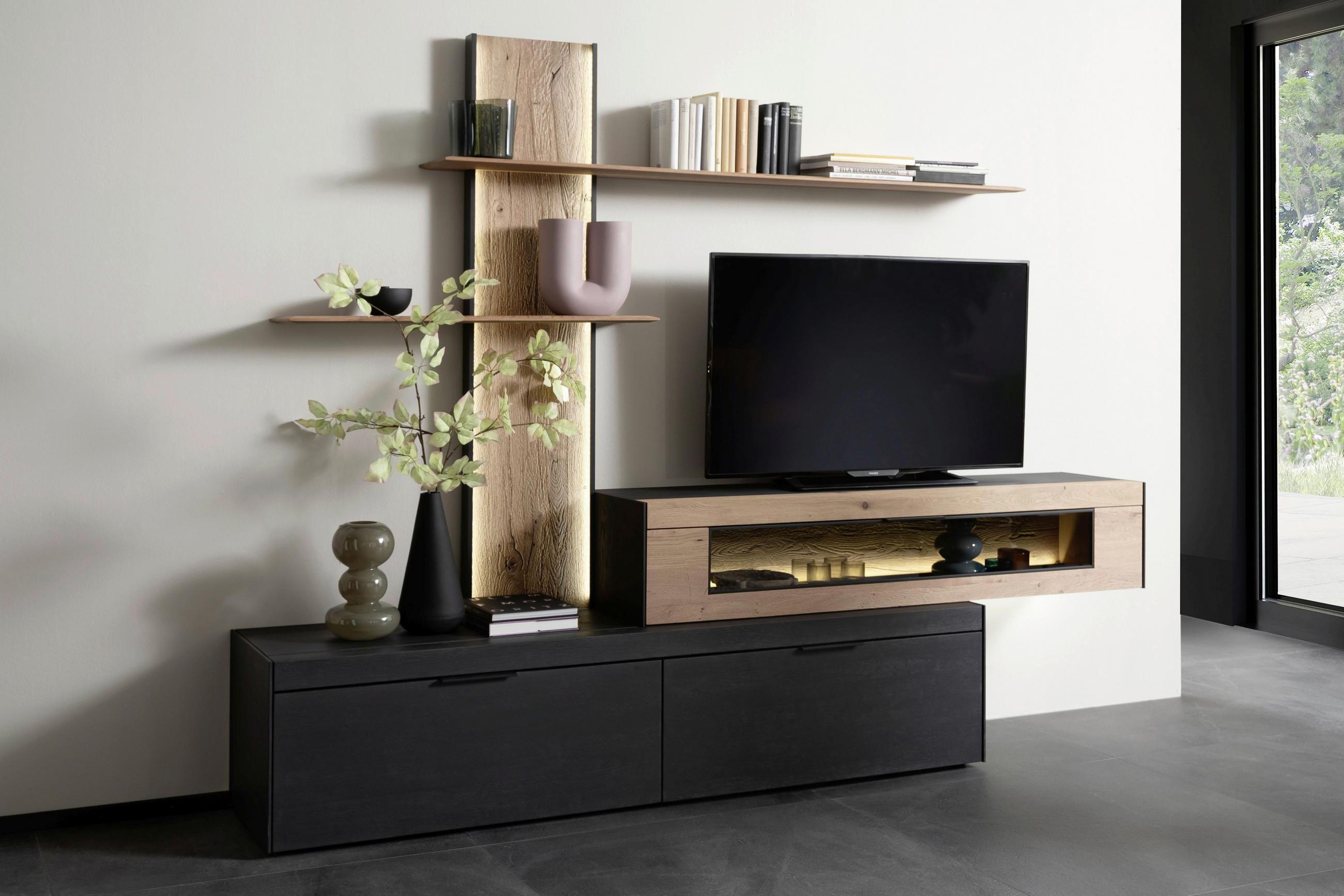 WOHNWAND  in Anthrazit, Eichefarben  300/205/49 cm  - Eichefarben/Anthrazit, KONVENTIONELL, Glas/Holz (300/205/49cm) - Schöner Wohnen