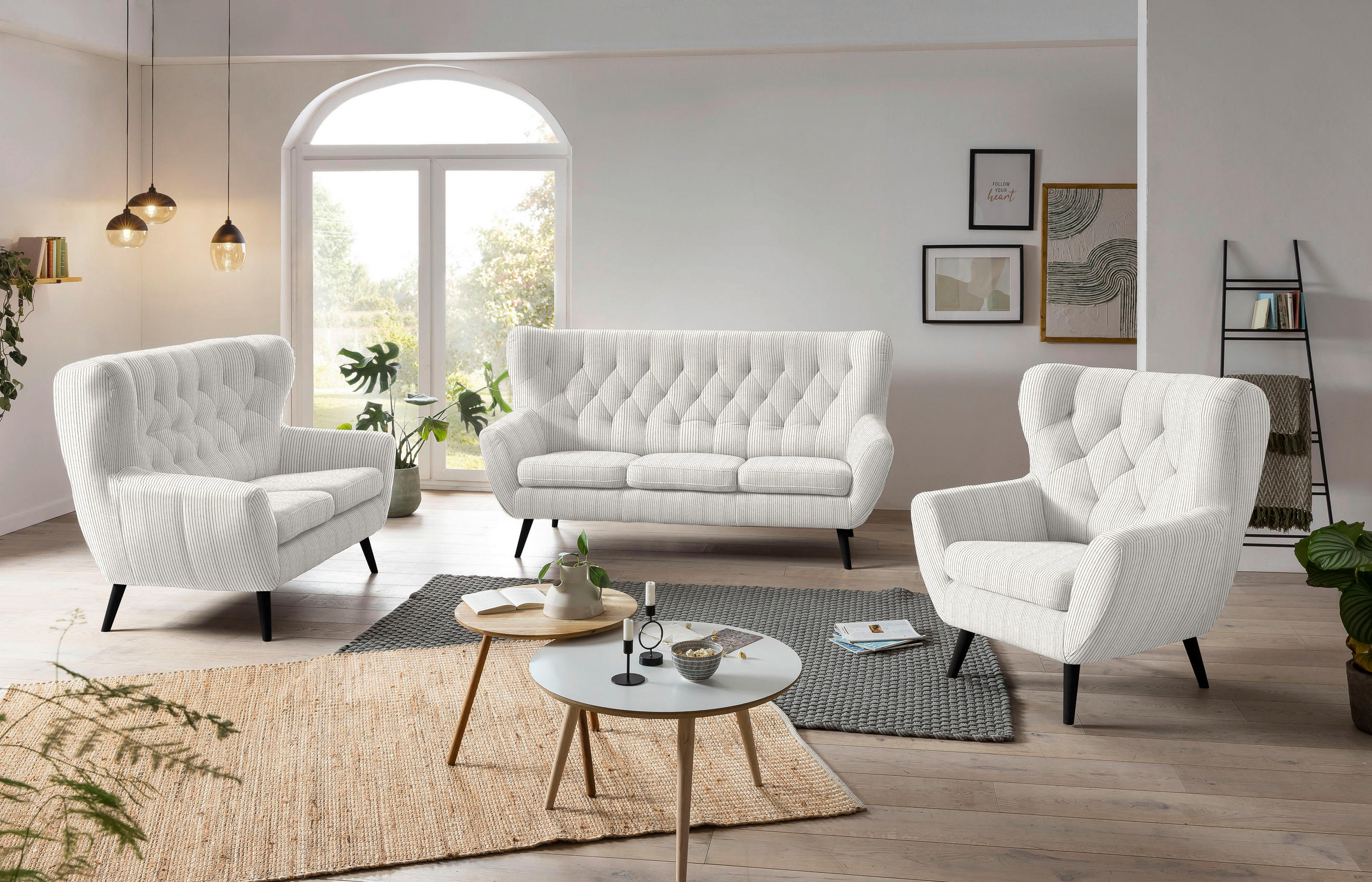 3-SITZER-SOFA in Cord Creme  - Creme/Schwarz, Design, Holz/Textil (187/101/95cm) - Stylife