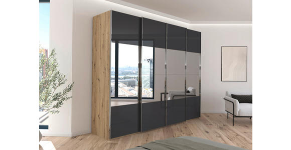 SCHWEBETÜRENSCHRANK  in Schwarz, Eiche Artisan  - Chromfarben/Schwarz, Design, Glas/Holzwerkstoff (271/235/68cm) - Novel