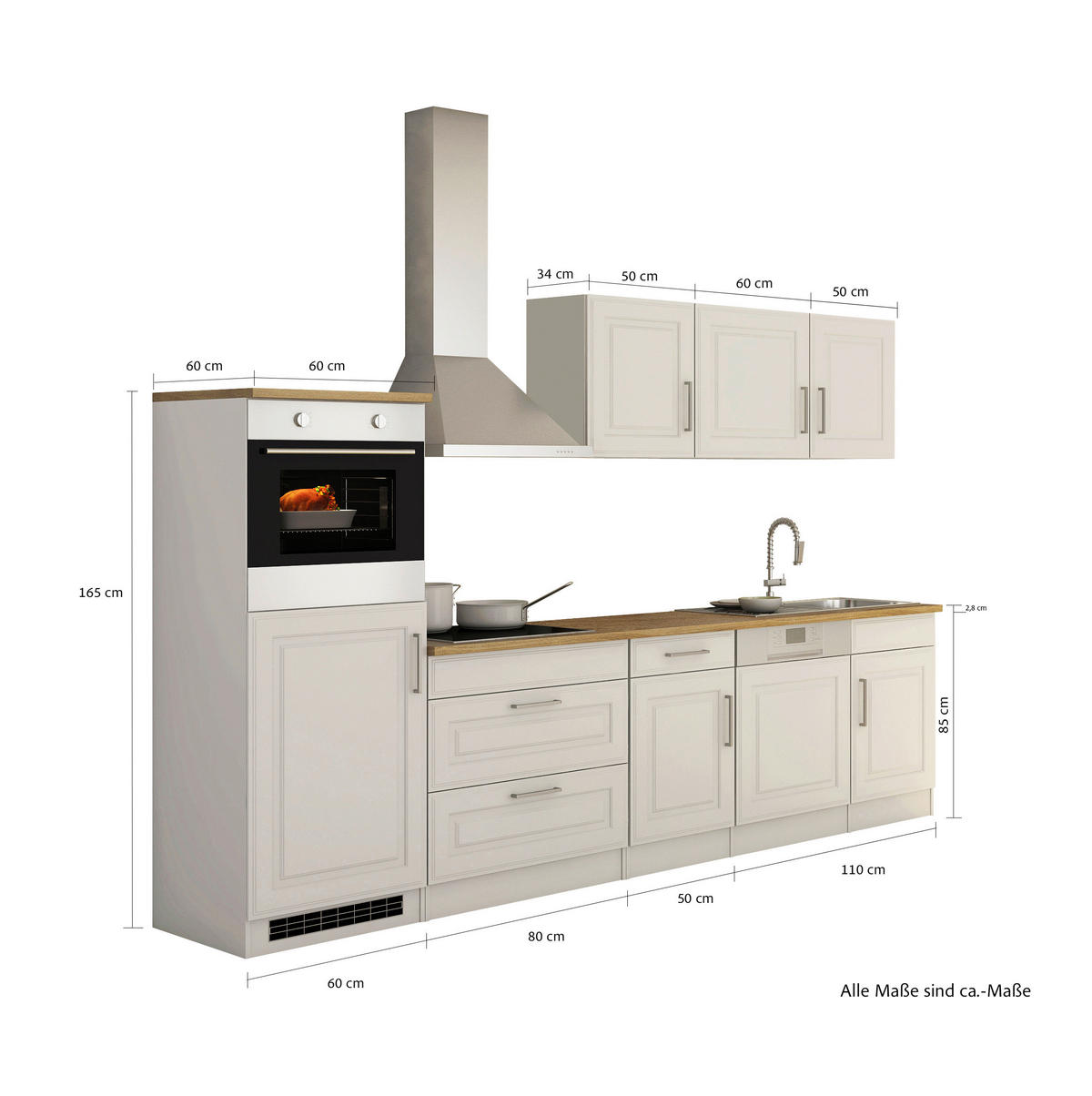 KÜCHENBLOCK 300 cm   in Weiss, Sonoma Eiche  - Weiss/Alufarben, Modern, Holzwerkstoff/Metall (300cm) - Held