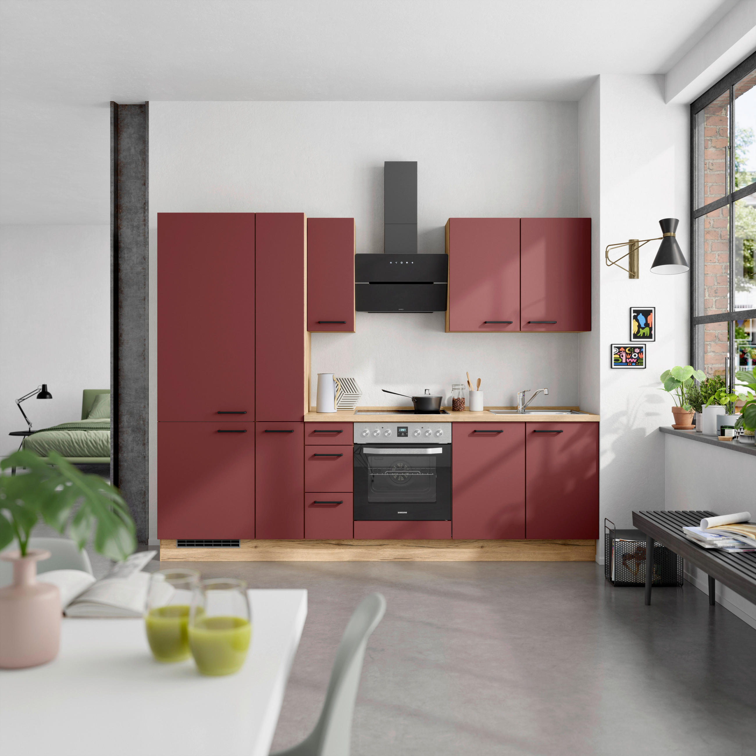 KÜCHENLEERBLOCK 270 cm   in Rot, Eichefarben  - Eichefarben/Rot, MODERN, Holzwerkstoff/Metall (270cm) - Nobilia