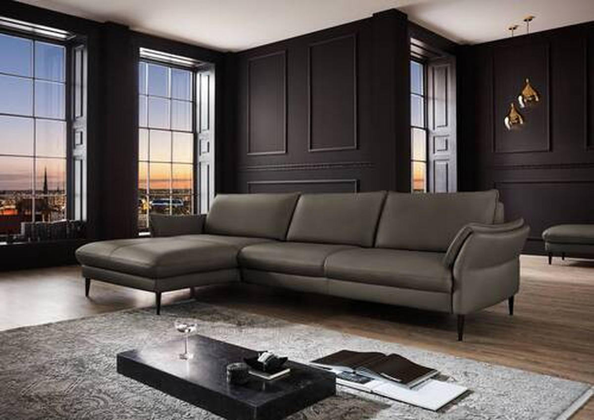 ECKSOFA in Echtleder Graubraun  - Graubraun/Schwarz, Design, Leder/Metall (172/334cm) - Valdera