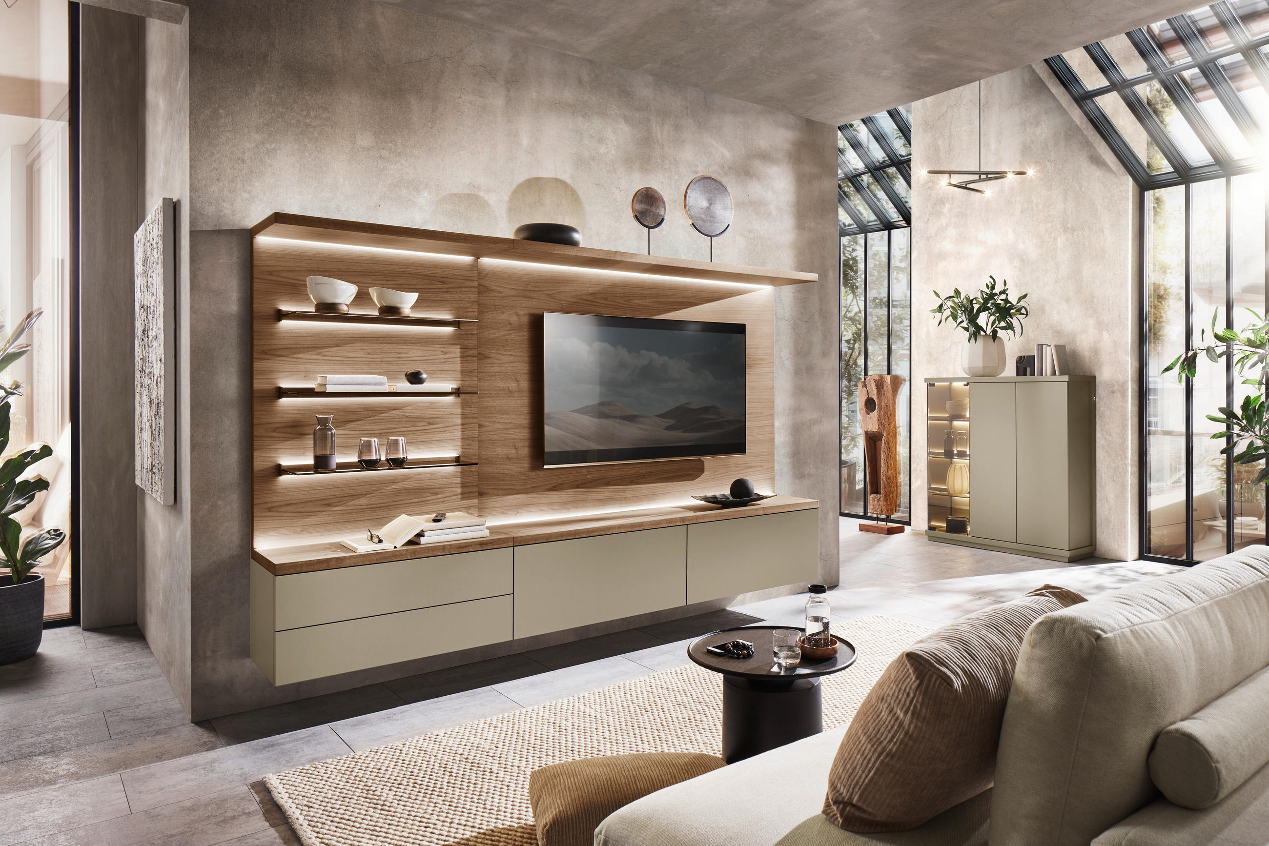WOHNWAND  in Nussbaumfarben, Taupe 270/182/46 cm  - Taupe/Nussbaumfarben, Design, Glas/Holz (270/182/46cm) - Emilio Belluti
