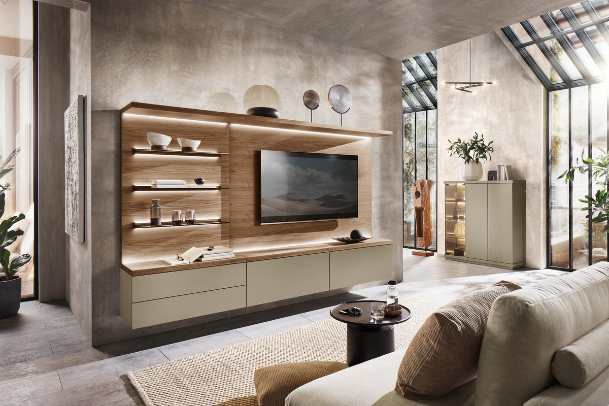 WOHNWAND  in Nussbaumfarben, Taupe 270/182/46 cm  - Taupe/Nussbaumfarben, Design, Glas/Holz (270/182/46cm) - Emilio Belluti