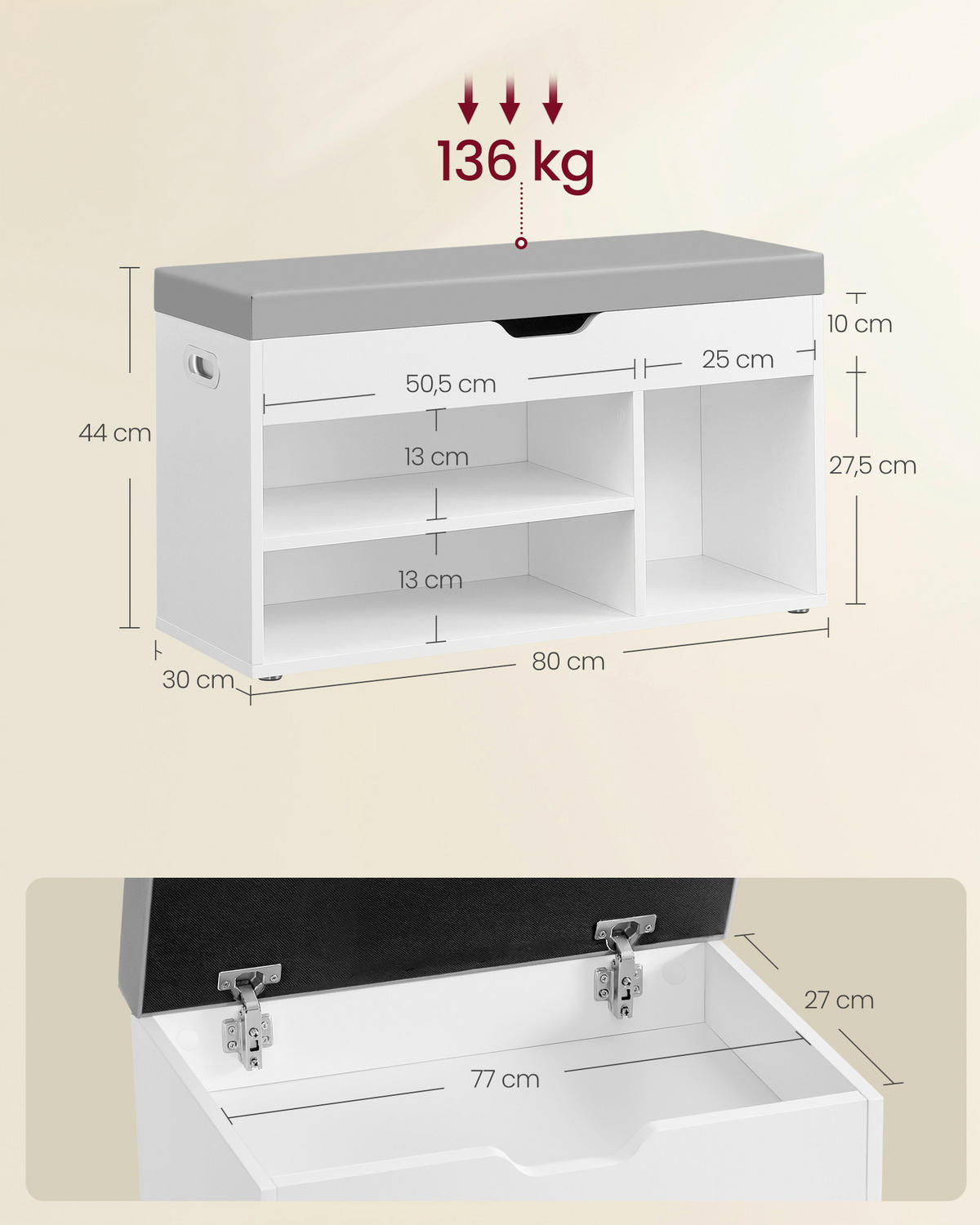 GARDEROBENBANK Vasagle  in 80/44/30 cm  - Hellgrau/Schwarz, Trend, Textil (80/44/30cm) - Boxxx