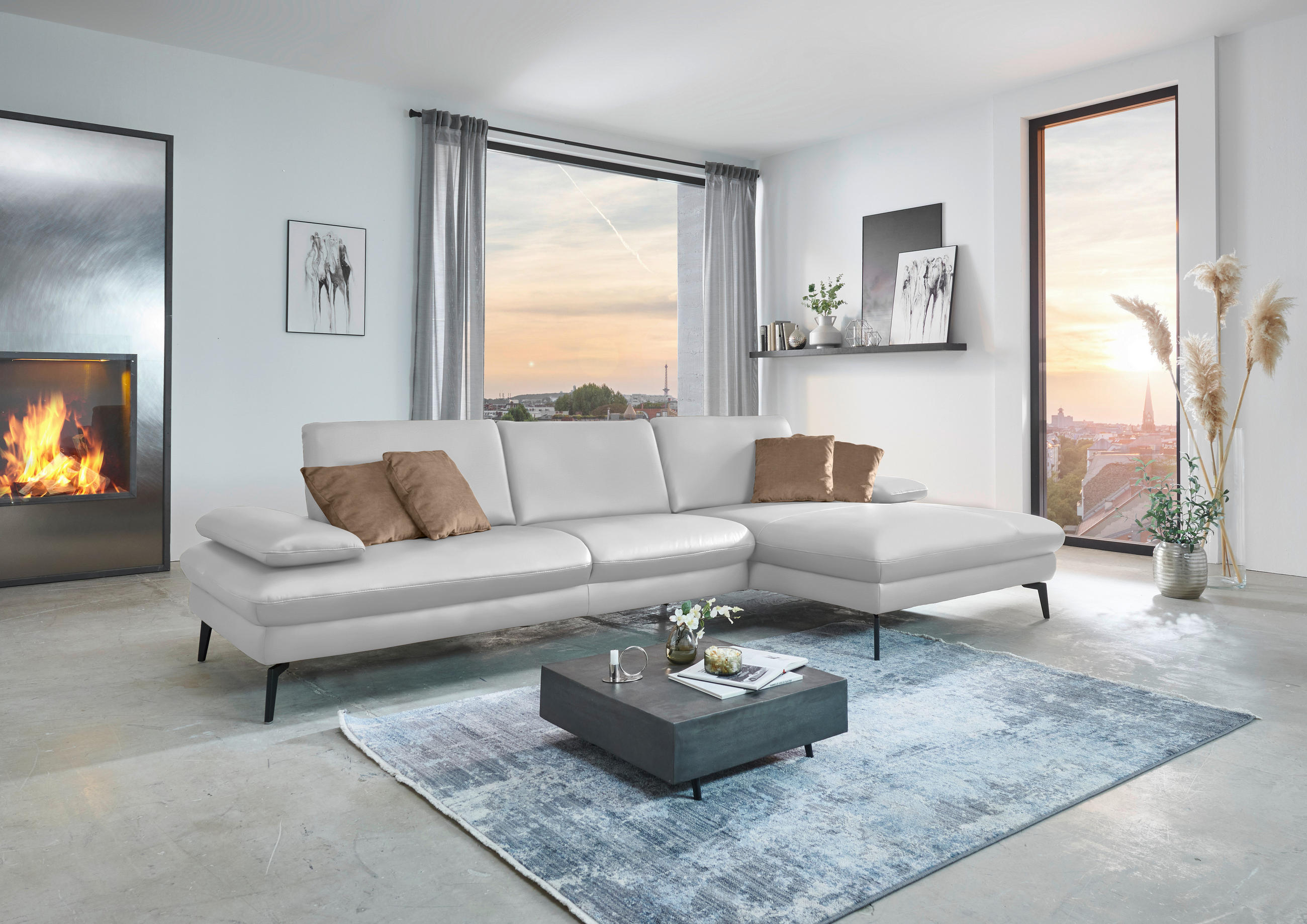 ECKSOFA in Echtleder Weiss  - Weiss/Schwarz, Design, Leder/Metall (325/157cm) - Dieter Knoll