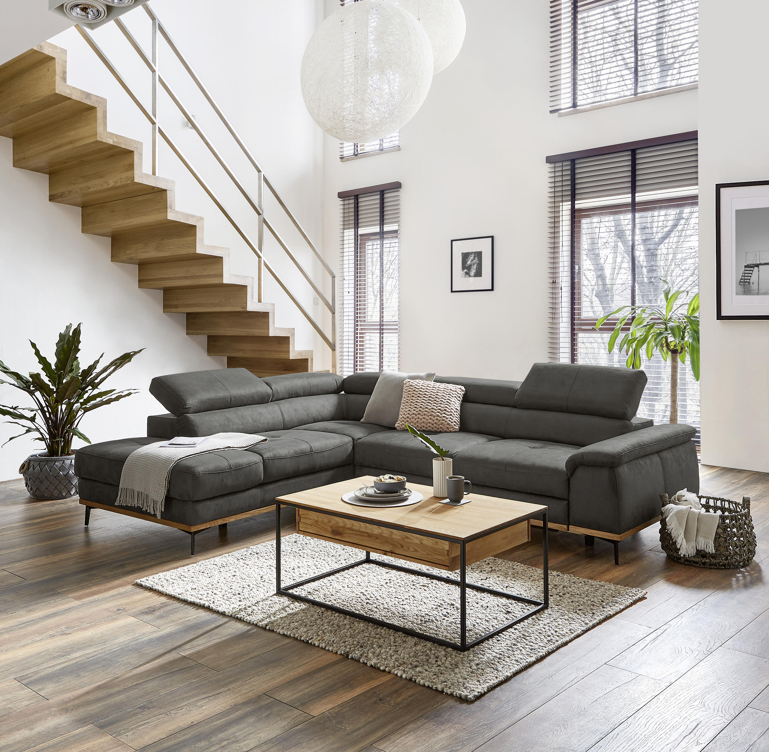 ECKSOFA inkl.Funktionen Grau Lederlook  - Schwarz/Grau, Natur, Holz/Textil (226/282cm) - Novel