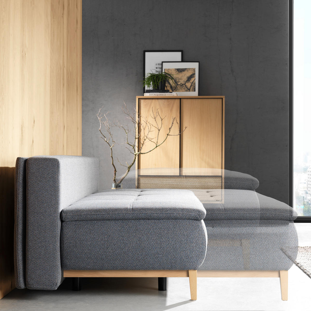 BOXSPRINGSOFA in Webstoff Grau  - Eichefarben/Beige, Design, Holz/Textil (202/78/93/100cm) - Venda