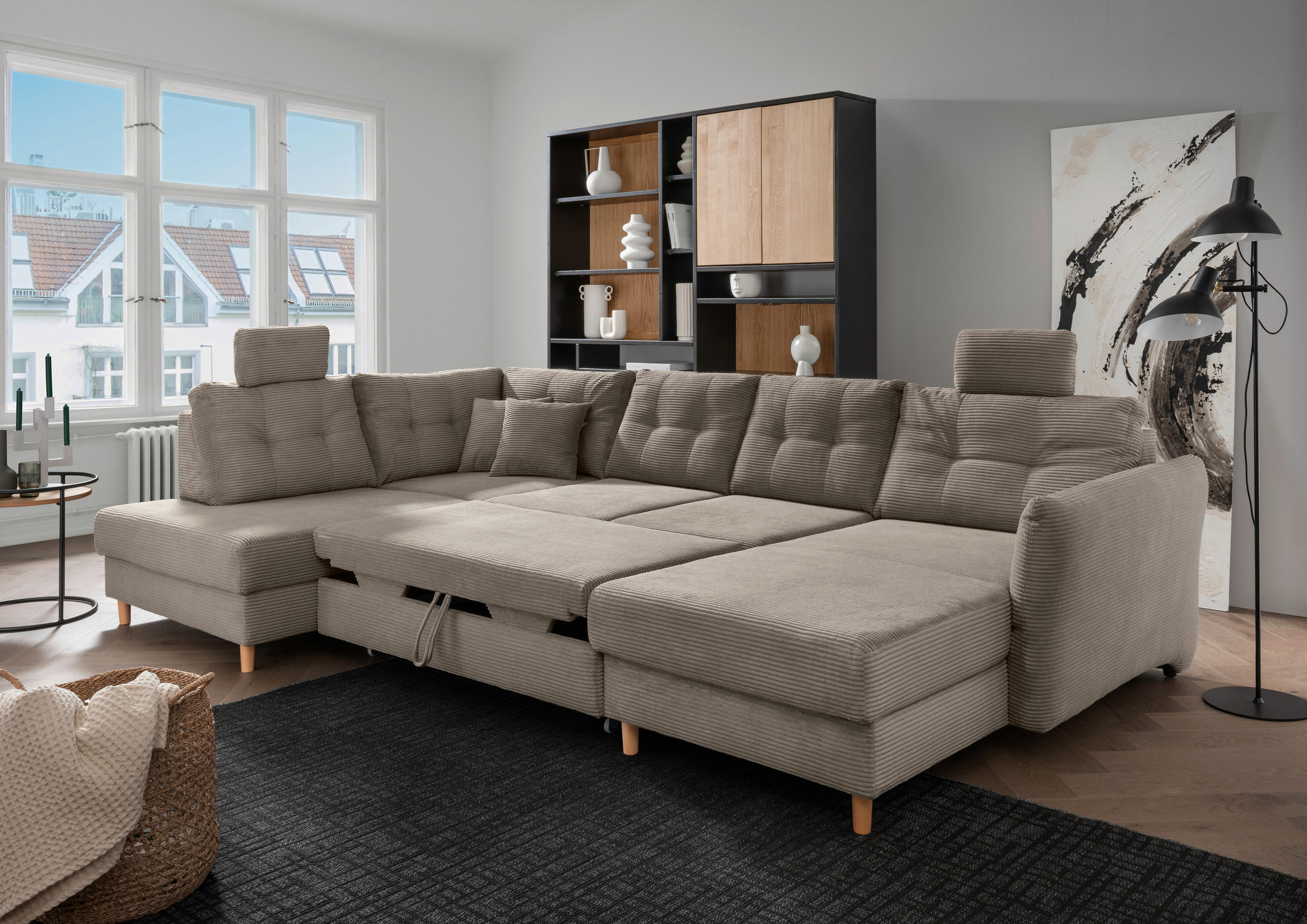 WOHNLANDSCHAFT in Cord Graubraun  - Graubraun/Naturfarben, Modern, Holz/Textil (206/338-352/176cm) - Livetastic
