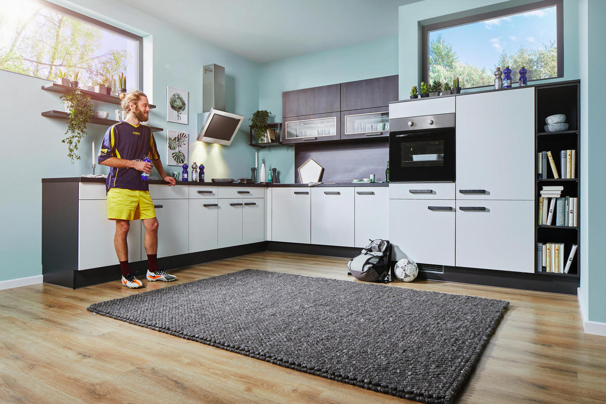 Bucătărie Pe Colț   - alb/grafit, Basics, material pe bază de lemn (320/245+150cm) - Venda