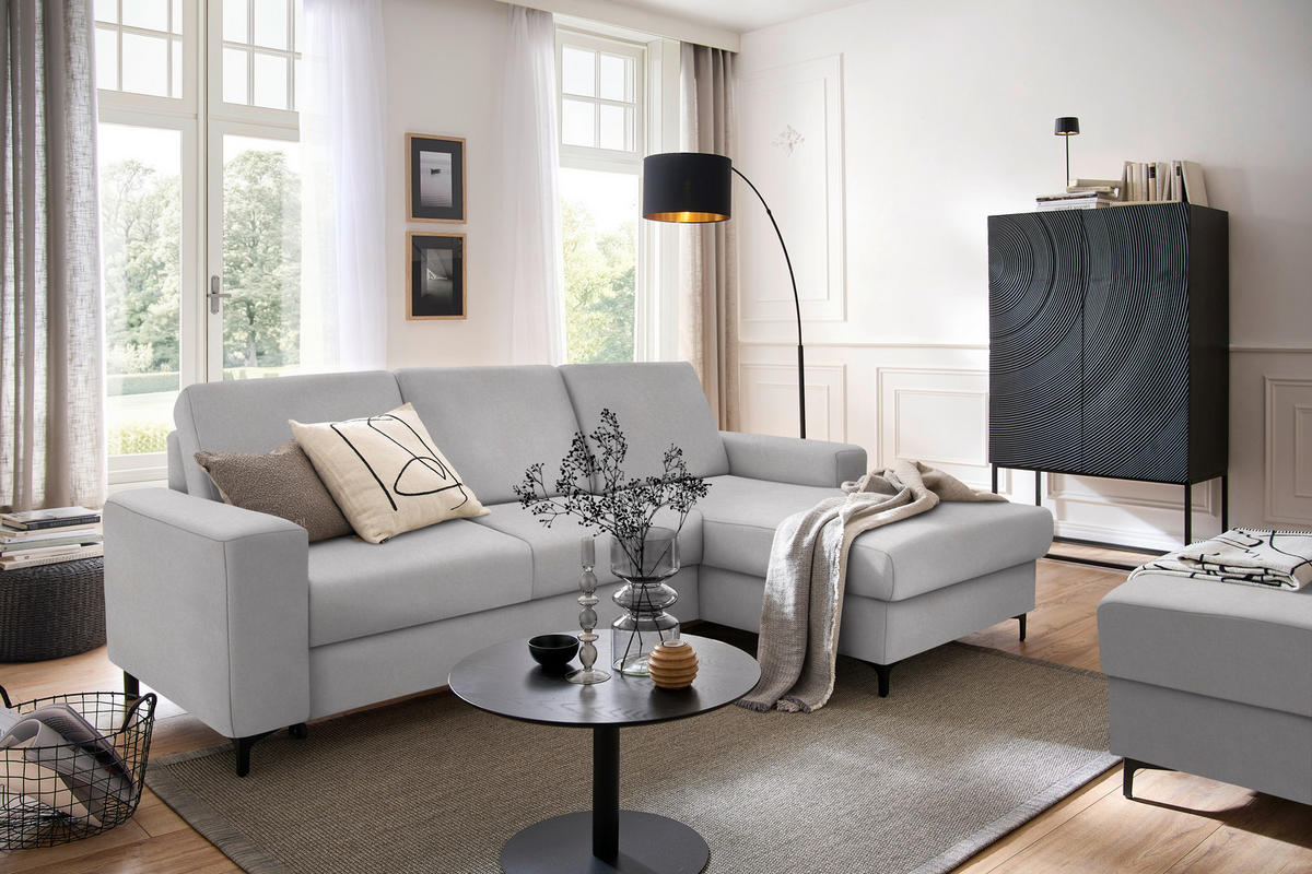 ECKSOFA in Velours Hellgrau  - Hellgrau/Schwarz, Konventionell, Textil/Metall (247/167cm) - Stylife