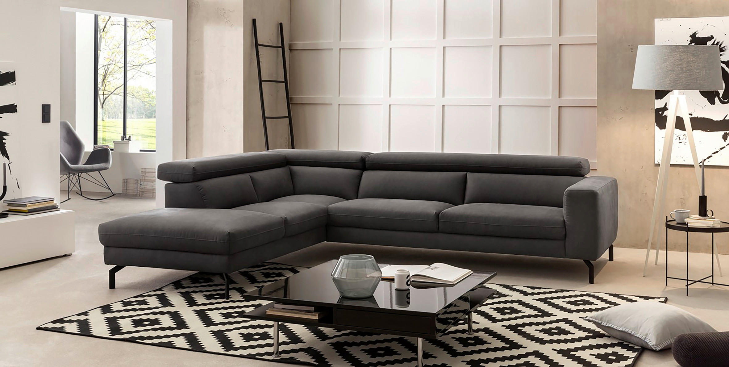 ECKSOFA Mikrofaser Dunkelgrau  - Dunkelgrau/Schwarz, Modern, Textil/Metall (233/305cm) - Trendmanufaktur
