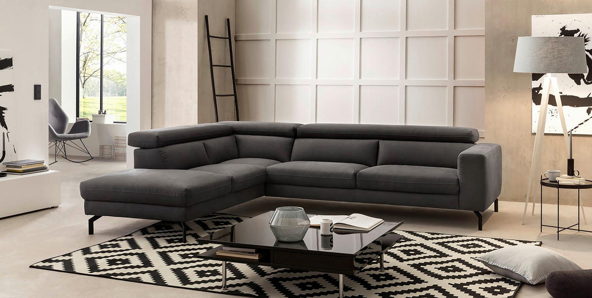 ECKSOFA Mikrofaser Dunkelgrau  - Dunkelgrau/Schwarz, Modern, Textil/Metall (233/305cm) - Trendmanufaktur