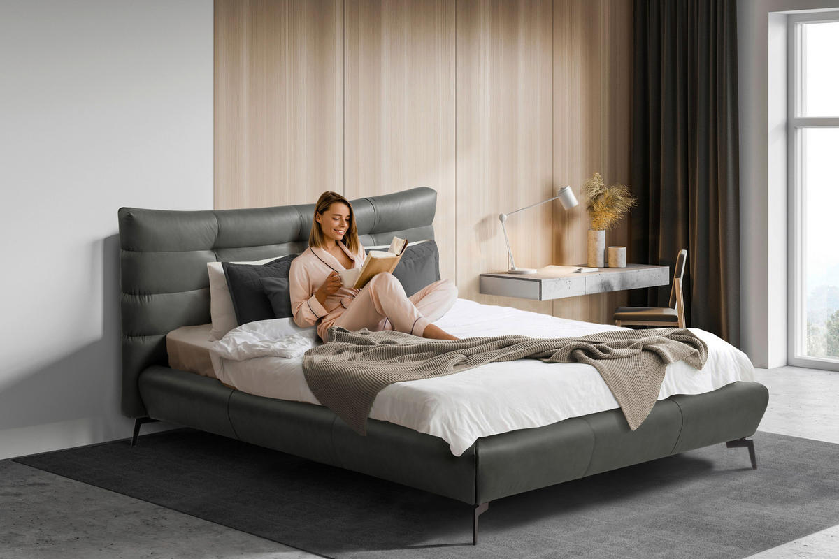 POLSTERBETT gepolstertes Kopfteil Dunkelgrau 180/200 cm  - Dunkelgrau/Schwarz, Design, Leder/Metall (180/200cm) - Esposa