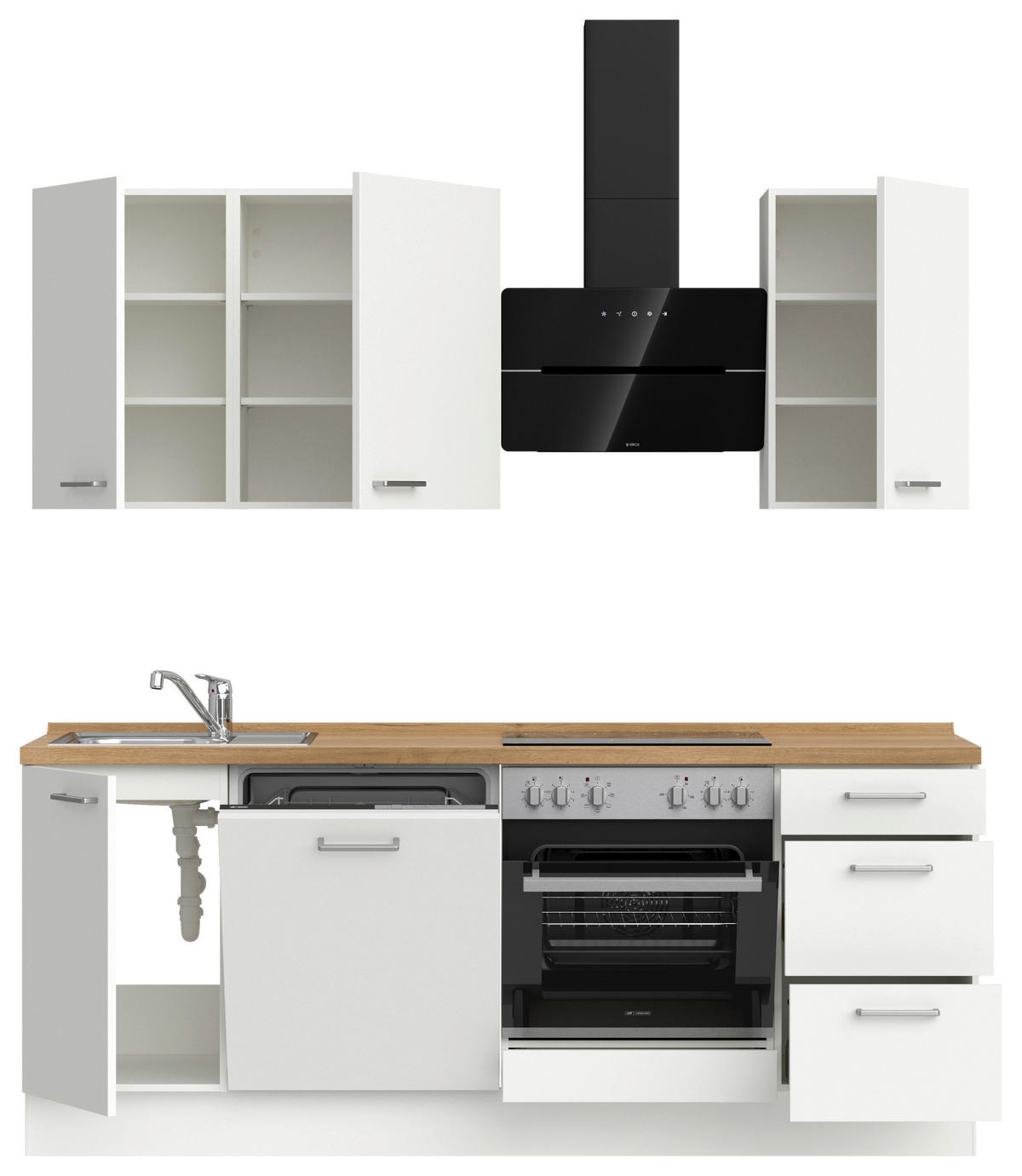 KÜCHENBLOCK 210 cm   in Weiß, Eichefarben  - Edelstahlfarben/Eichefarben, MODERN, Holzwerkstoff/Metall (210cm) - Nobilia