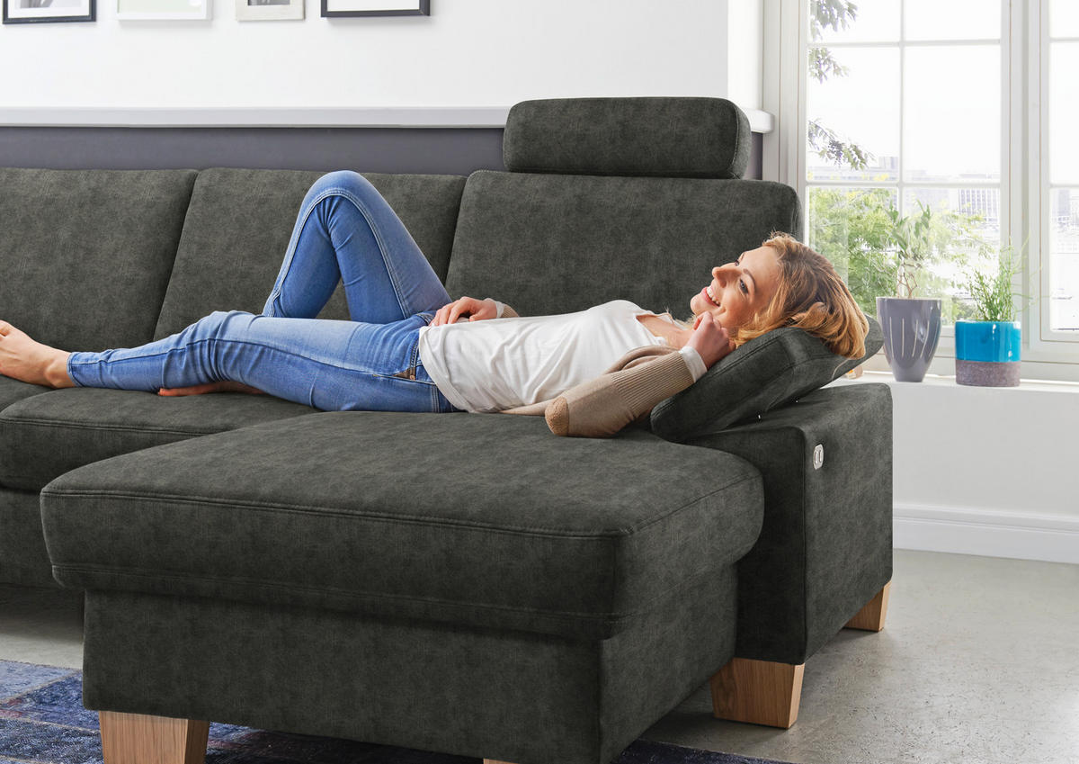 WOHNLANDSCHAFT in Velours Dunkelgrau  - Eichefarben/Dunkelgrau, Konventionell, Holz/Textil (167/316/235cm) - Beldomo System