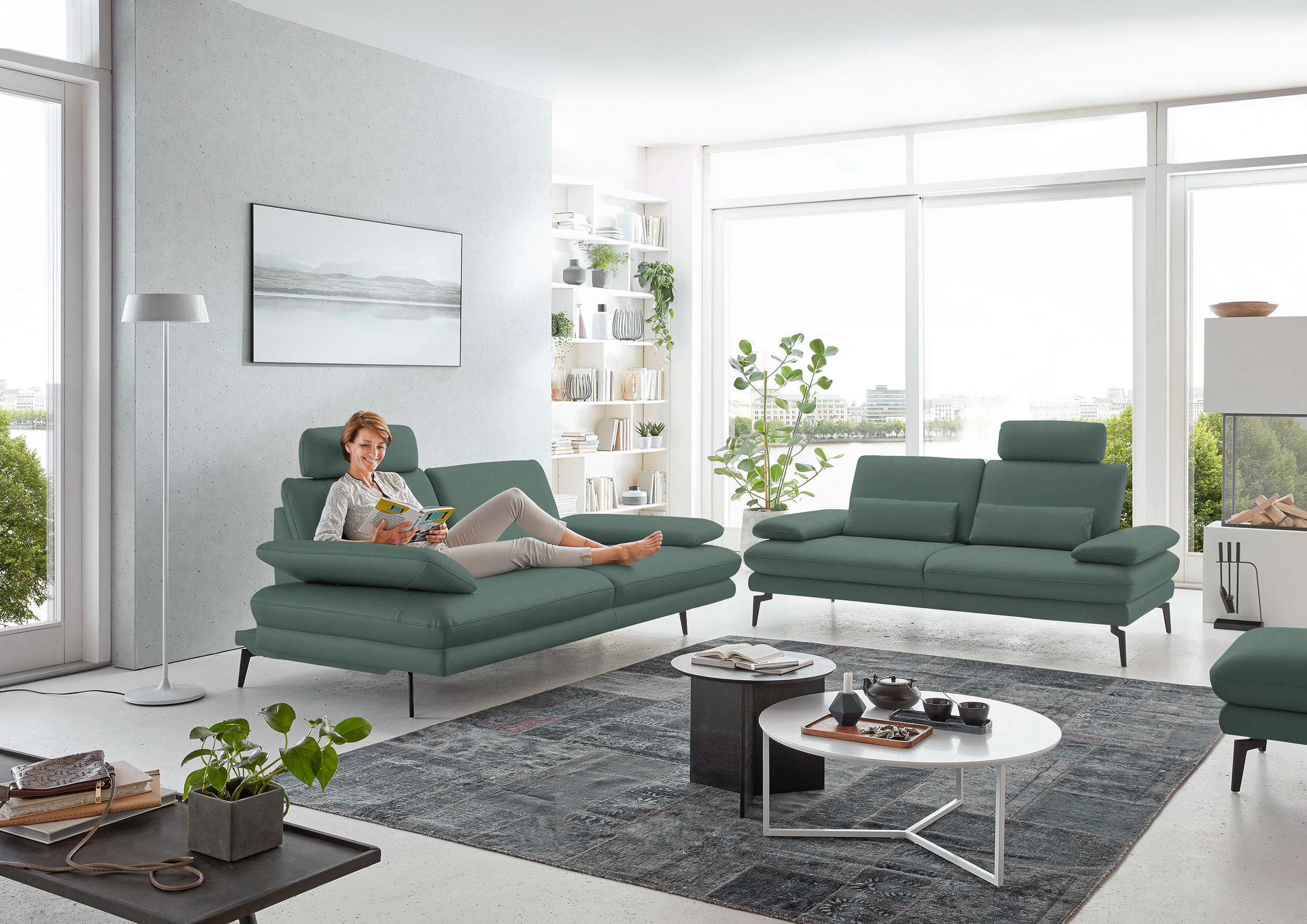 2,5-SITZER in Echtleder Opal  - Opal/Schwarz, Design, Leder/Metall (196/86/104cm) - Dieter Knoll