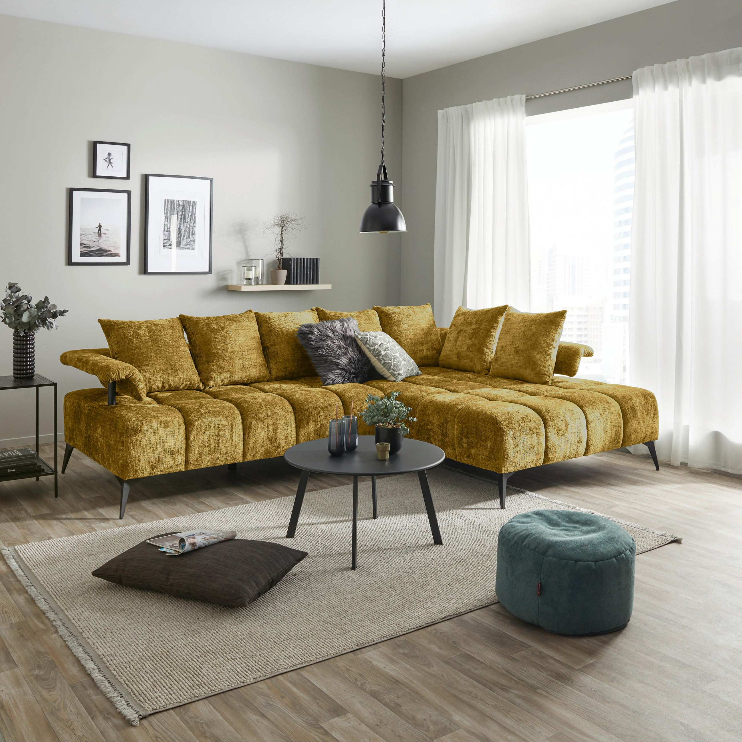 ECKSOFA in Flachgewebe Goldfarben  - Goldfarben/Schwarz, Modern, Kunststoff/Textil (297/200cm) - Livetastic