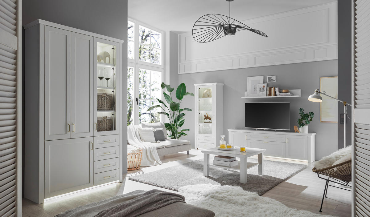 VITRINENKOMBINATION Weiß  131/220/43 cm  - Messingfarben/Weiß, LIFESTYLE, Glas/Holzwerkstoff (131/220/43cm) - Landscape