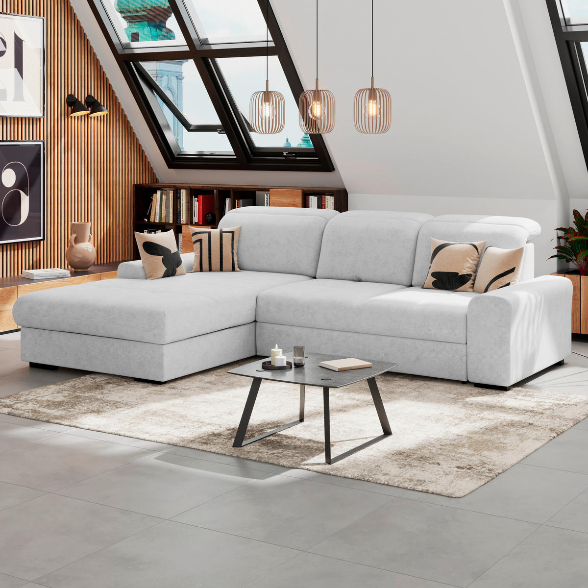 ECKSOFA Silberfarben Chenille Rücken echt, Kopfteilverstellung  - Silberfarben/Schwarz, KONVENTIONELL, Holz/Textil (203/286cm) - MID.YOU