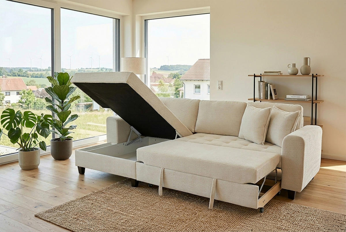 ECKSOFA MORITZ Creme Cord Zierkissen, Bettkasten  - Creme, Trend, Textil (155/265cm) - P & B