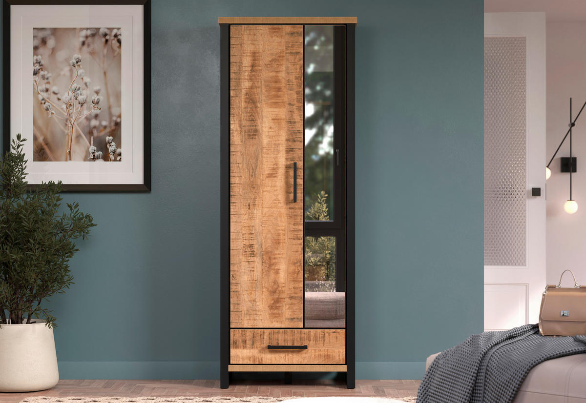 GARDEROBENSCHRANK ENNA GD  in 73/195/39 cm  - Schwarz/Naturfarben, Basics, Glas/Holzwerkstoff (73/195/39cm) - MID.YOU
