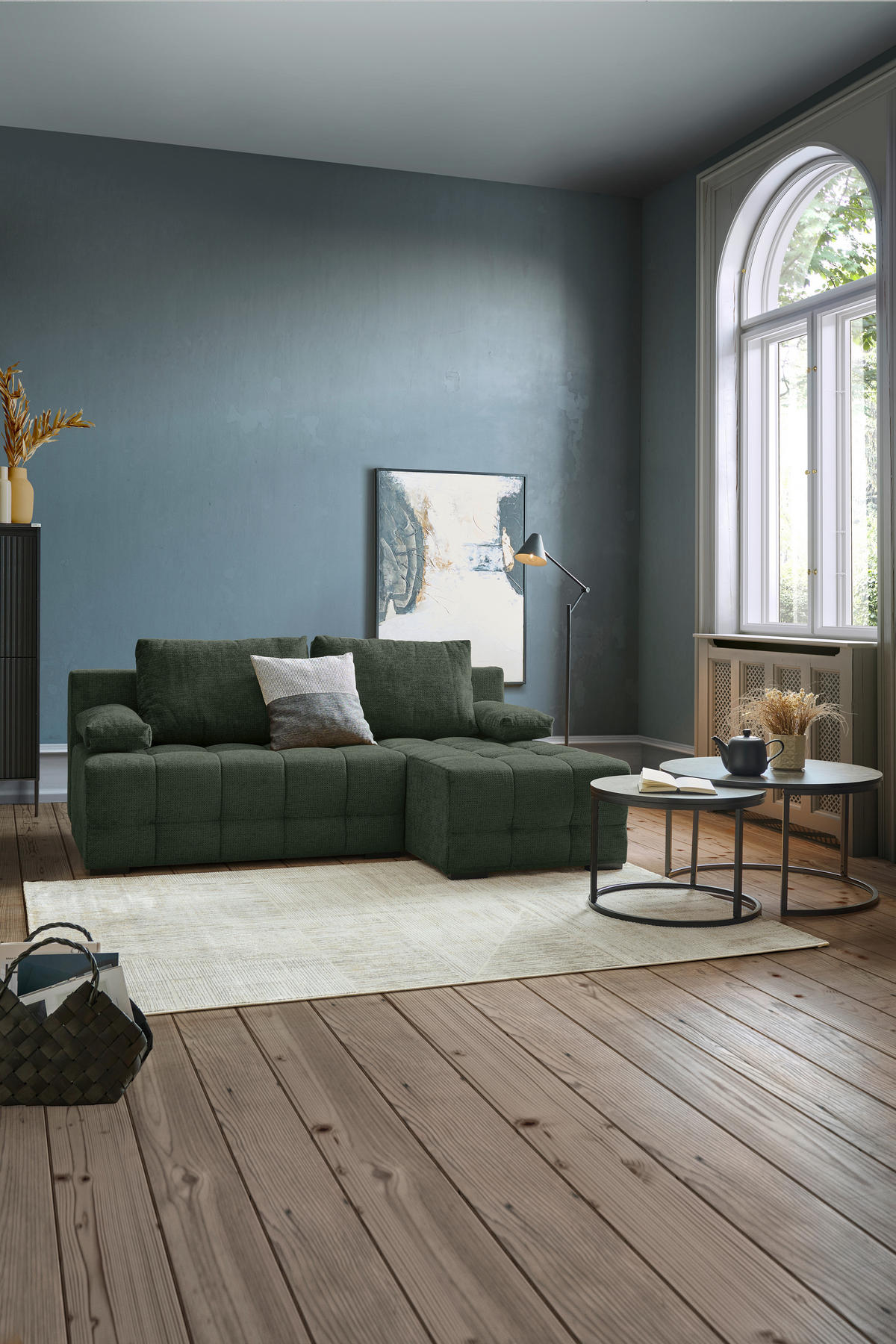 ECKSOFA in Chenille Dunkelgrün  - Dunkelgrün/Schwarz, MODERN, Kunststoff/Textil (204/145cm) - home24