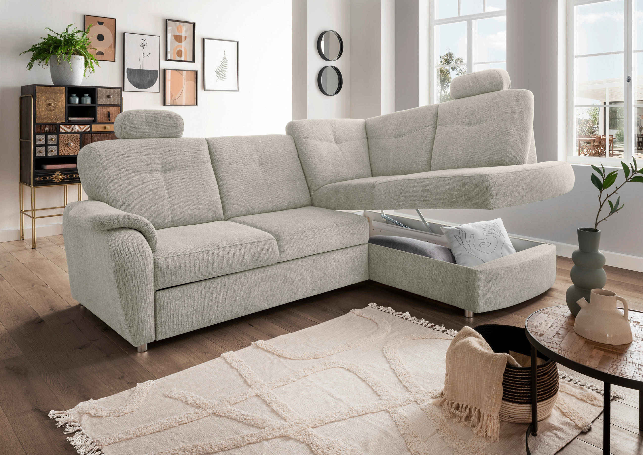 ECKSCHLAFSOFA in Chenille Beige  - Chromfarben/Beige, Modern, Kunststoff/Textil (264/180cm) - Livetastic