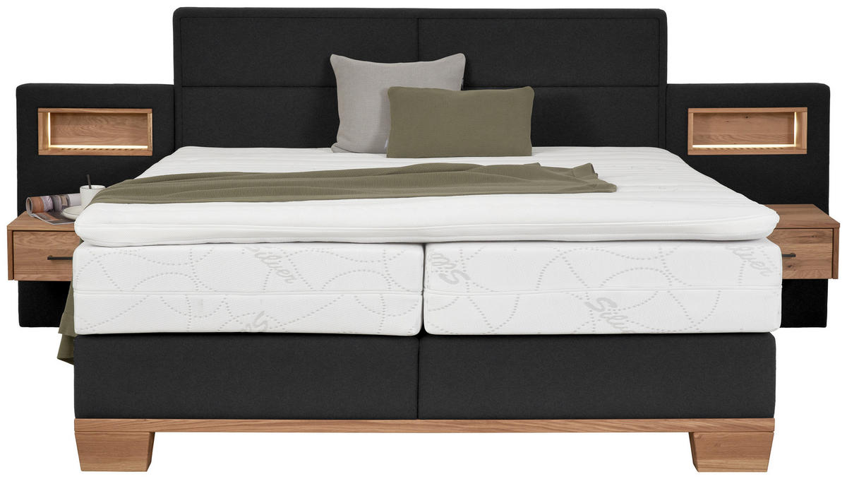 BOXSPRINGBETT 180/200 cm,  in Eichefarben, Dunkelgrau, Matratze, Topper, H2 = mittel  - Eichefarben/Dunkelgrau, Natur, Holz/Textil (180/200cm) - Valnatura