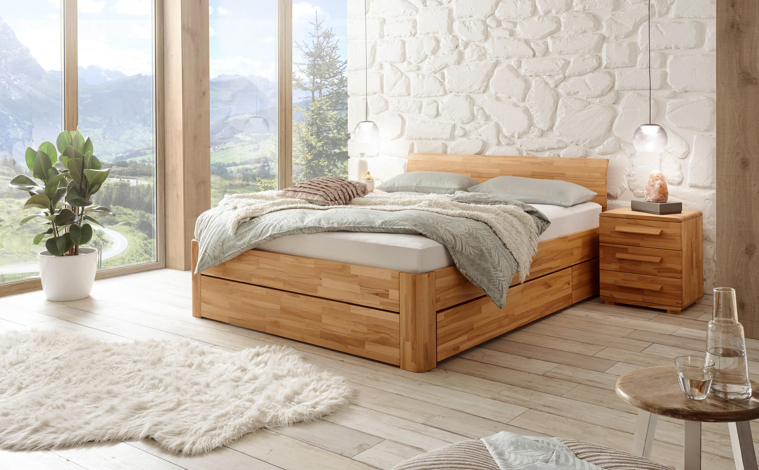 Thumbnail - Hasena Stauraumbett, Buche, Holz, Kernbuche, massiv, 2 Schublade(n) Schubladen, 200x200 cm, Bettkasten, mit Schubkästen,...