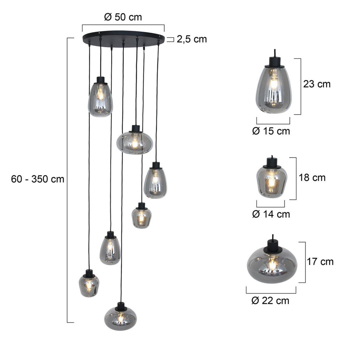 PENDELLEUCHTE  50/60-350/50 cm   - Schwarz, Trend, Glas/Metall (50/60-350/50cm)