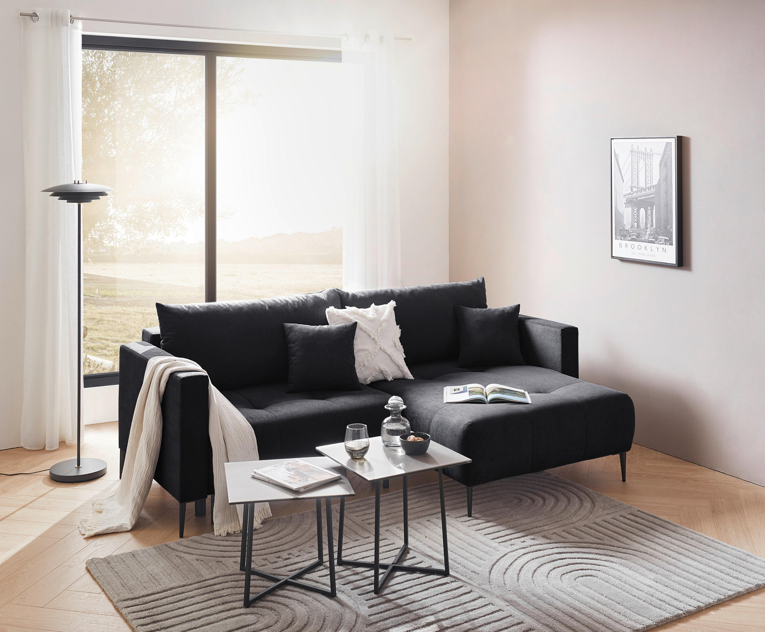 ECKSOFA in Velours Schwarz  - Schwarz, Konventionell, Textil/Metall (226/155cm) - Carryhome